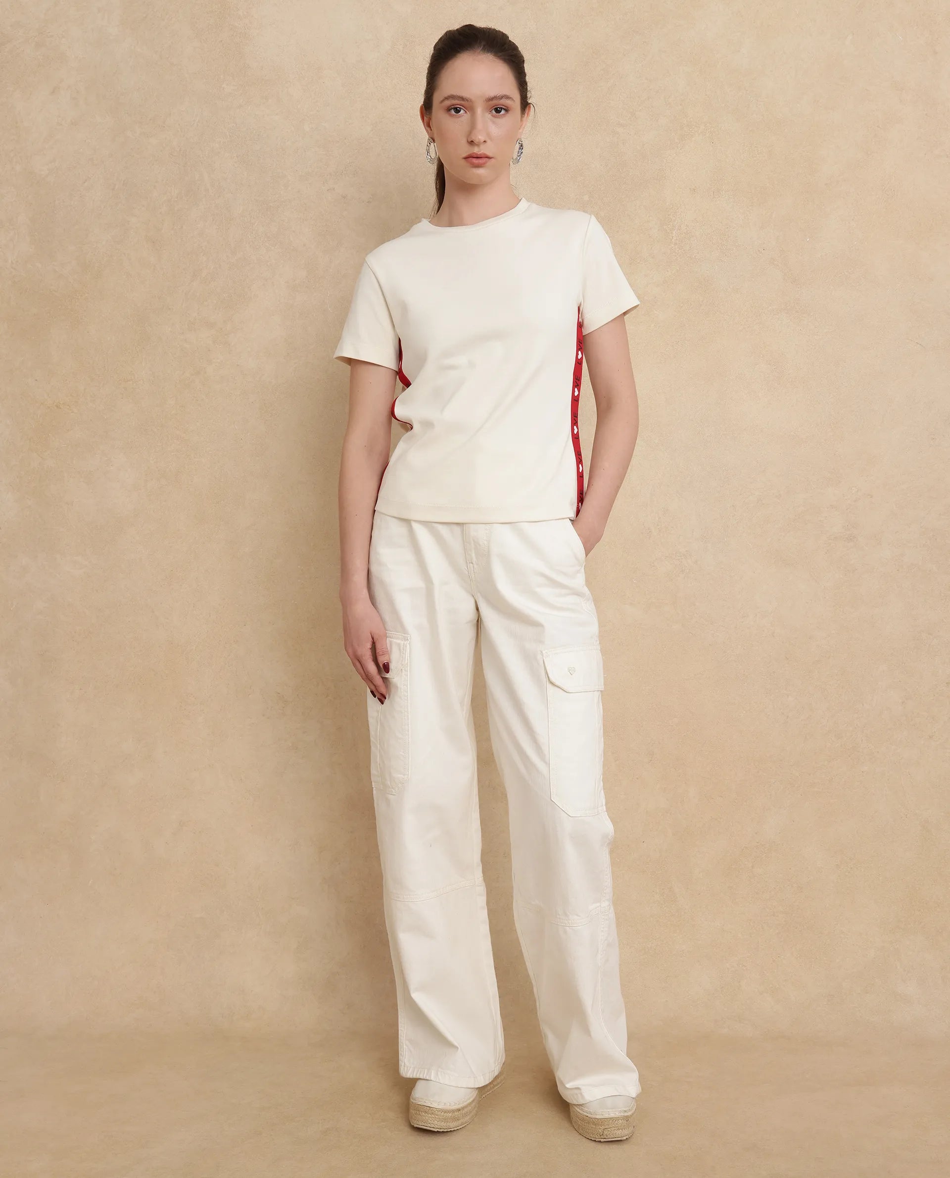 Rareism Women Prel White Cotton Fabric Short Sleeve Slim Fit Plain T-Shirt