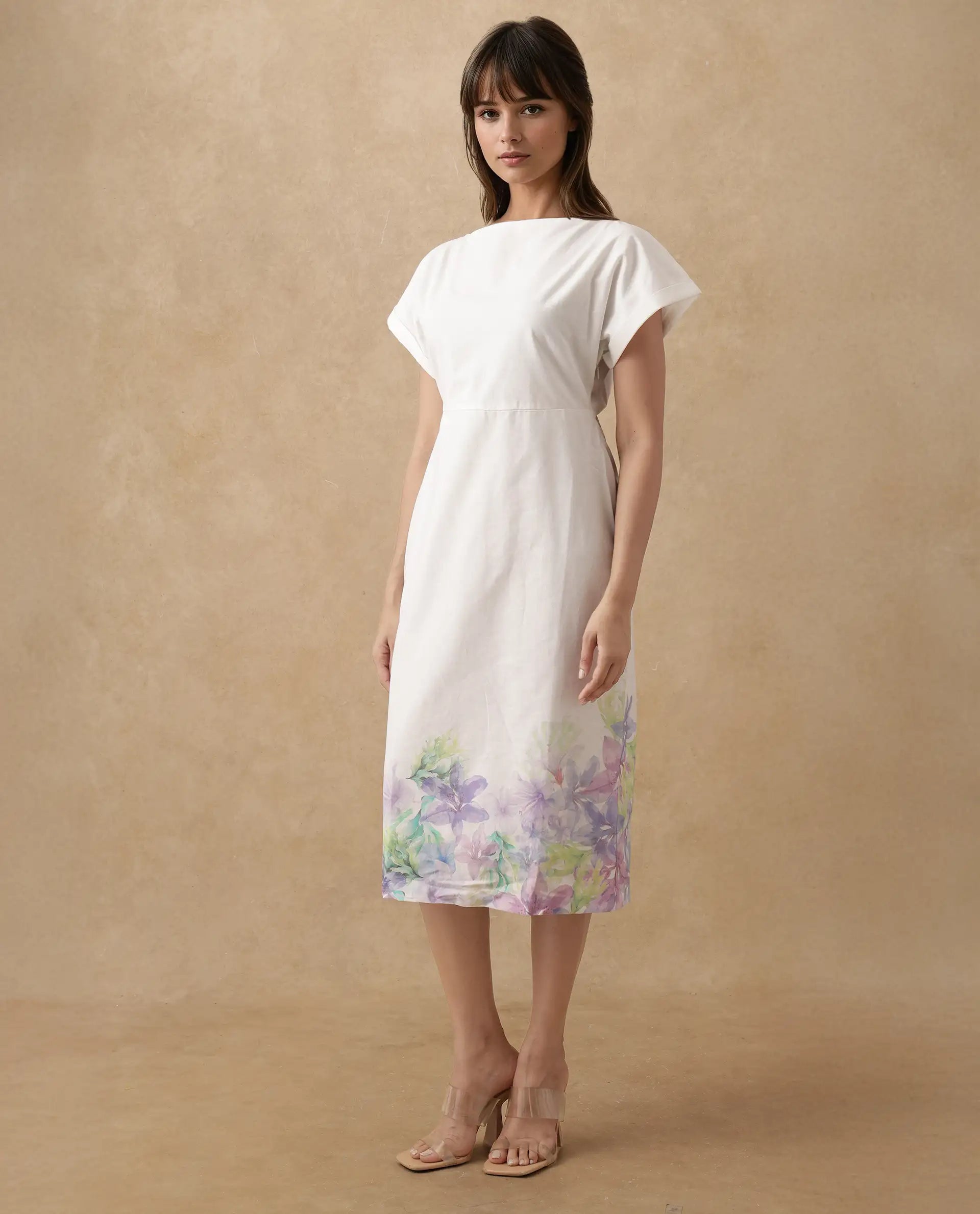 Rareism Women's Prelor White Cotton Boat Neck Floral Print Extended Sleeves Midi Straight Fit Dress