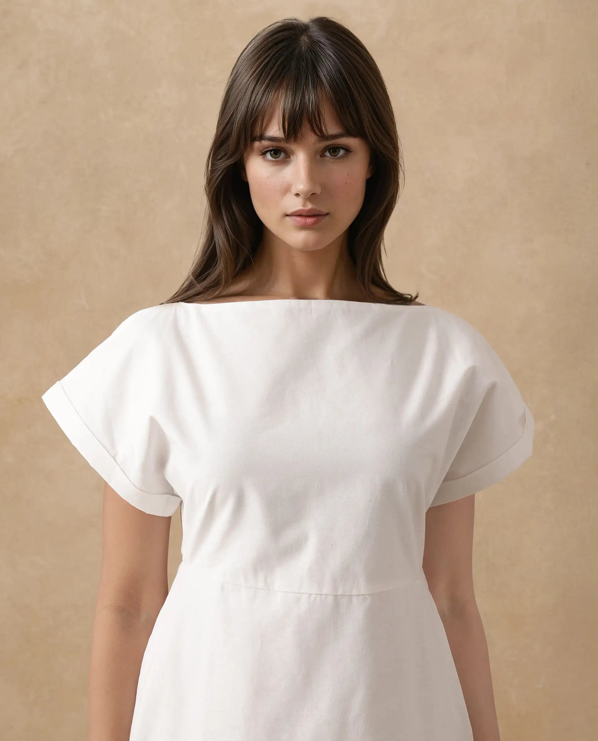 Rareism Women's Prelor White Cotton Boat Neck Floral Print Extended Sleeves Midi Straight Fit Dress