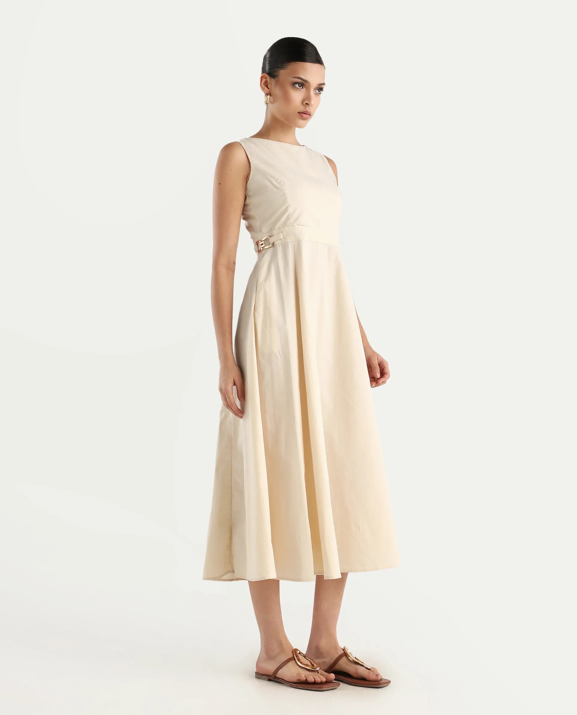 Rareism Women's Prelu Beige Cotton Round Neck Plain Sleeveless Maxi A-Line Dress