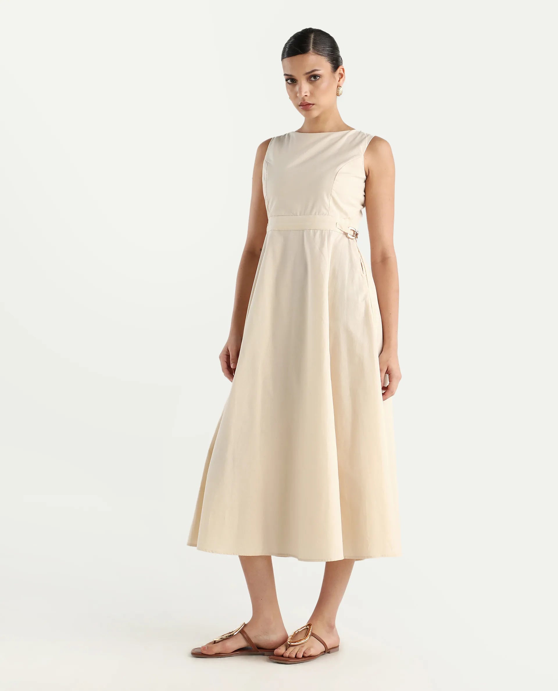 Rareism Women's Prelu Beige Cotton Round Neck Plain Sleeveless Maxi A-Line Dress