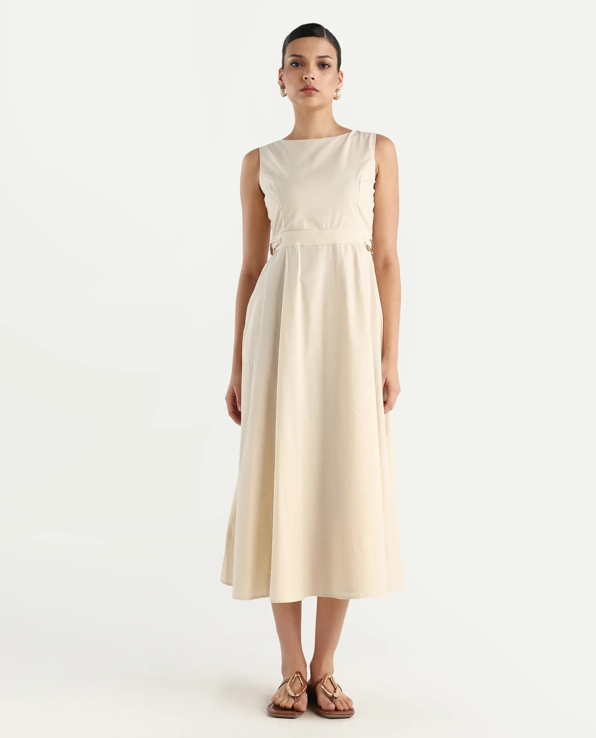 Rareism Women's Prelu Beige Cotton Round Neck Plain Sleeveless Maxi A-Line Dress