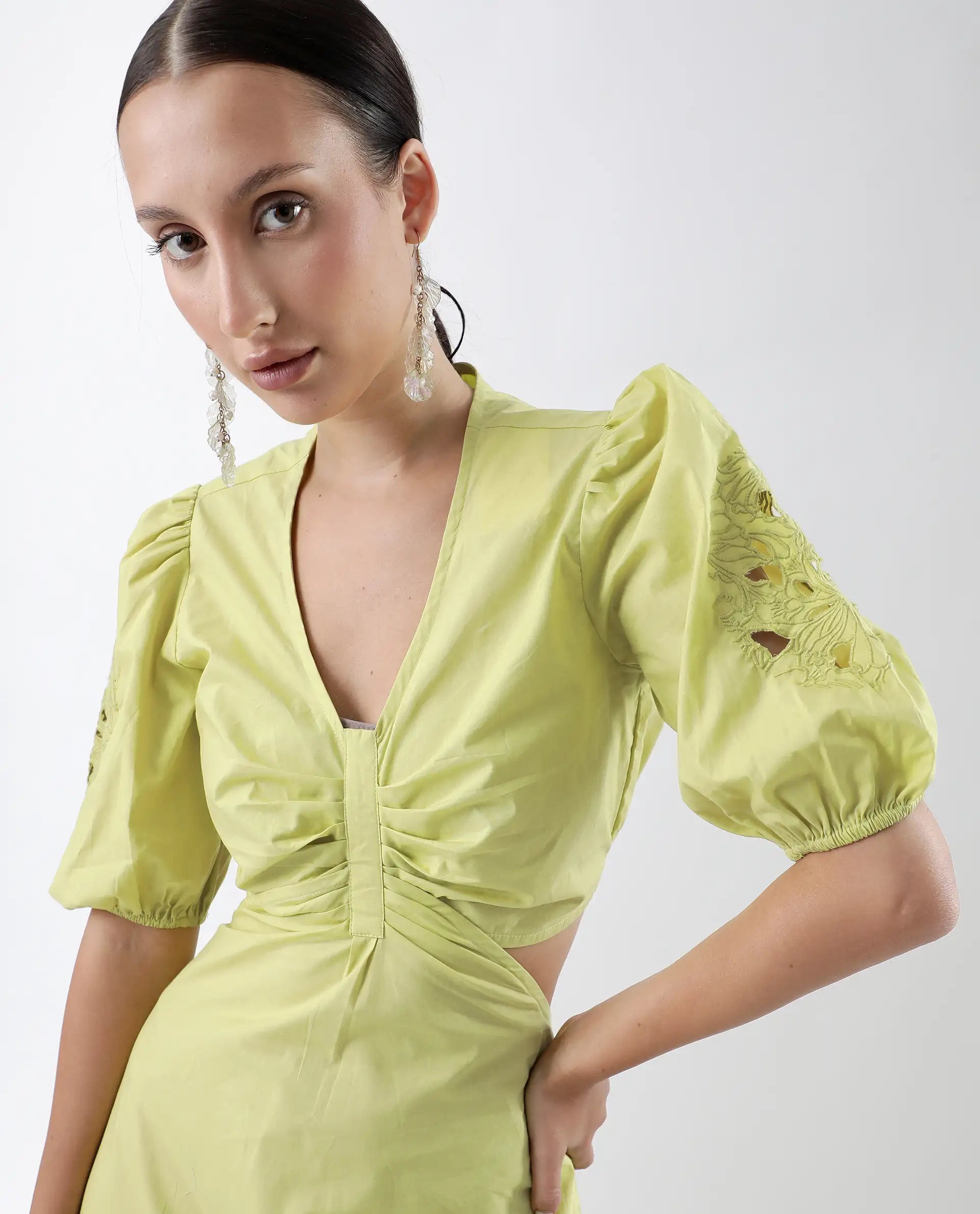 Rareism Women's Premier Green Cotton V-Neck Plain Puff Sleeves Maxi Fit And Flare Dress