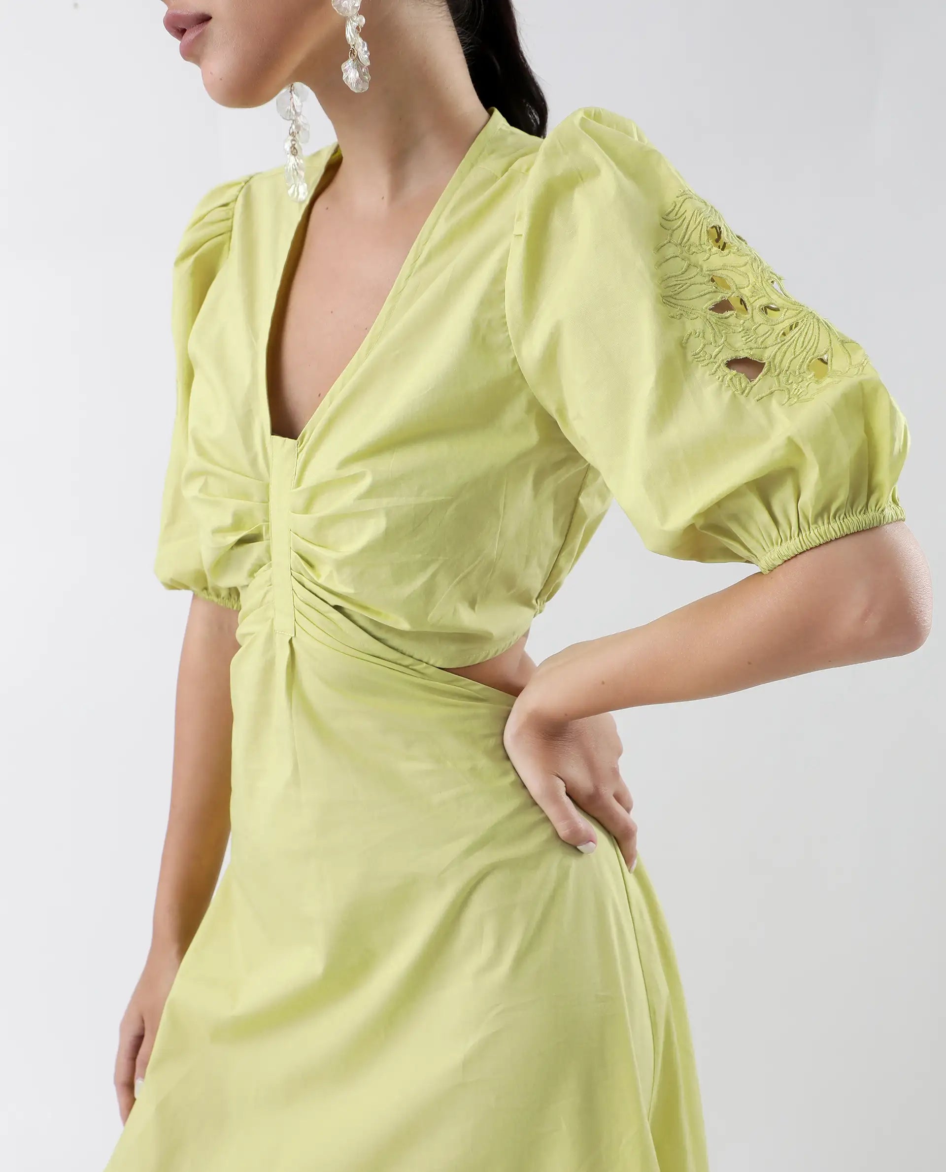 Rareism Women's Premier Green Cotton V-Neck Plain Puff Sleeves Maxi Fit And Flare Dress