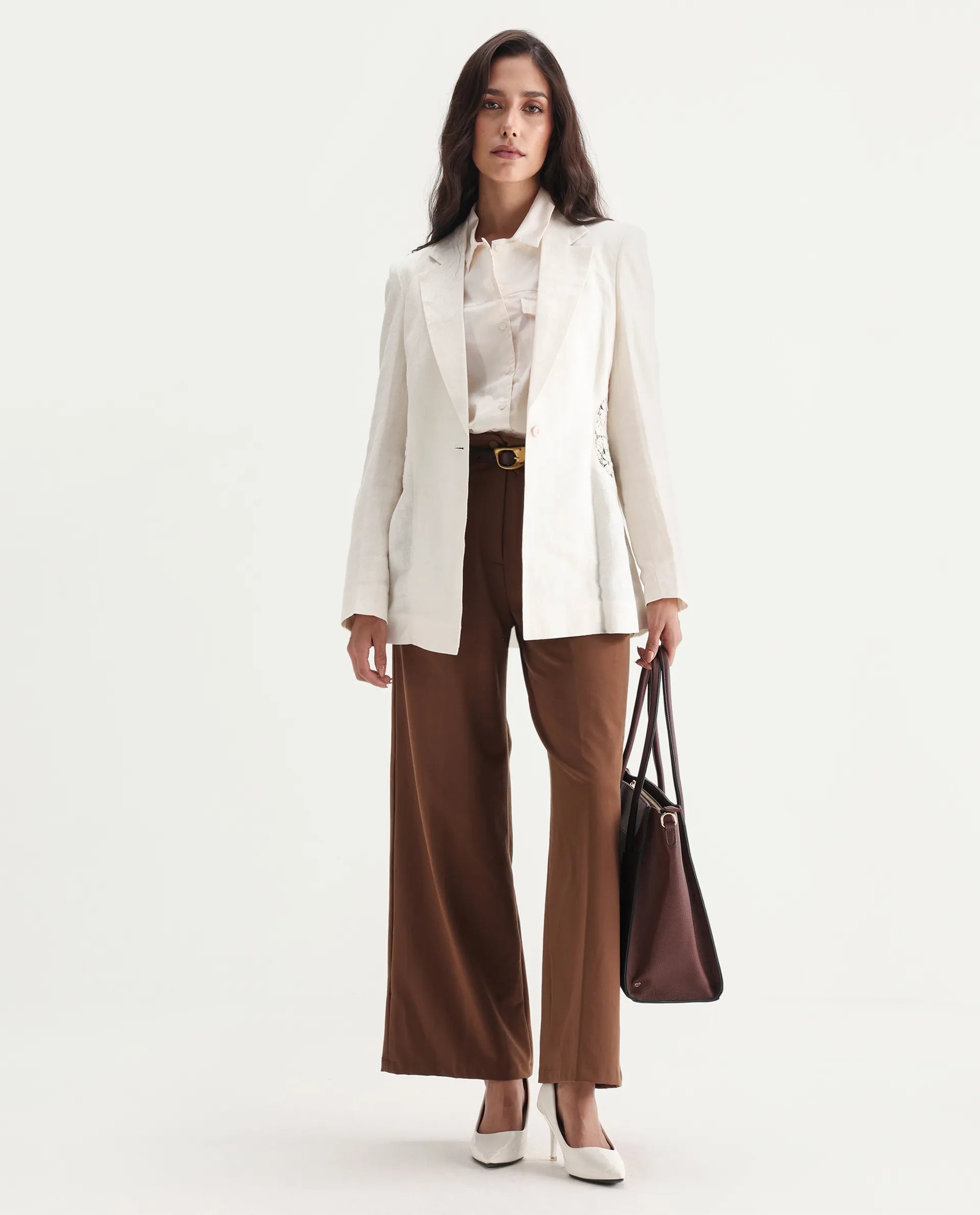 Rareism Women's Prender Off White Linen Lapel Neck Regular Fit Plain Blazer