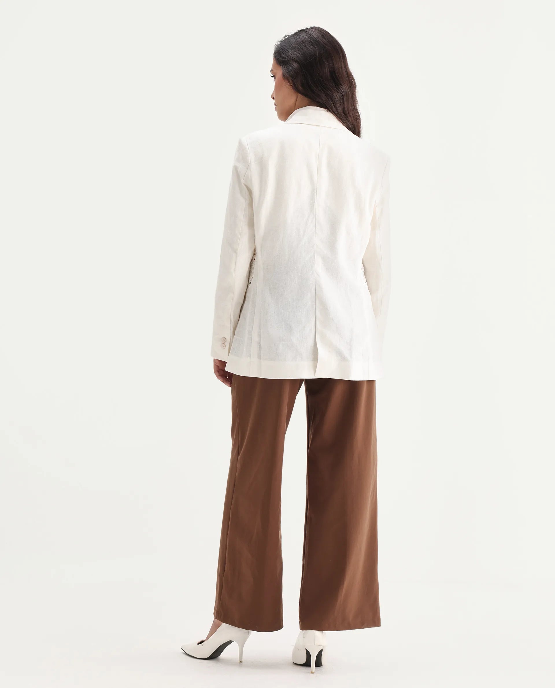 Rareism Women's Prender Off White Linen Lapel Neck Regular Fit Plain Blazer