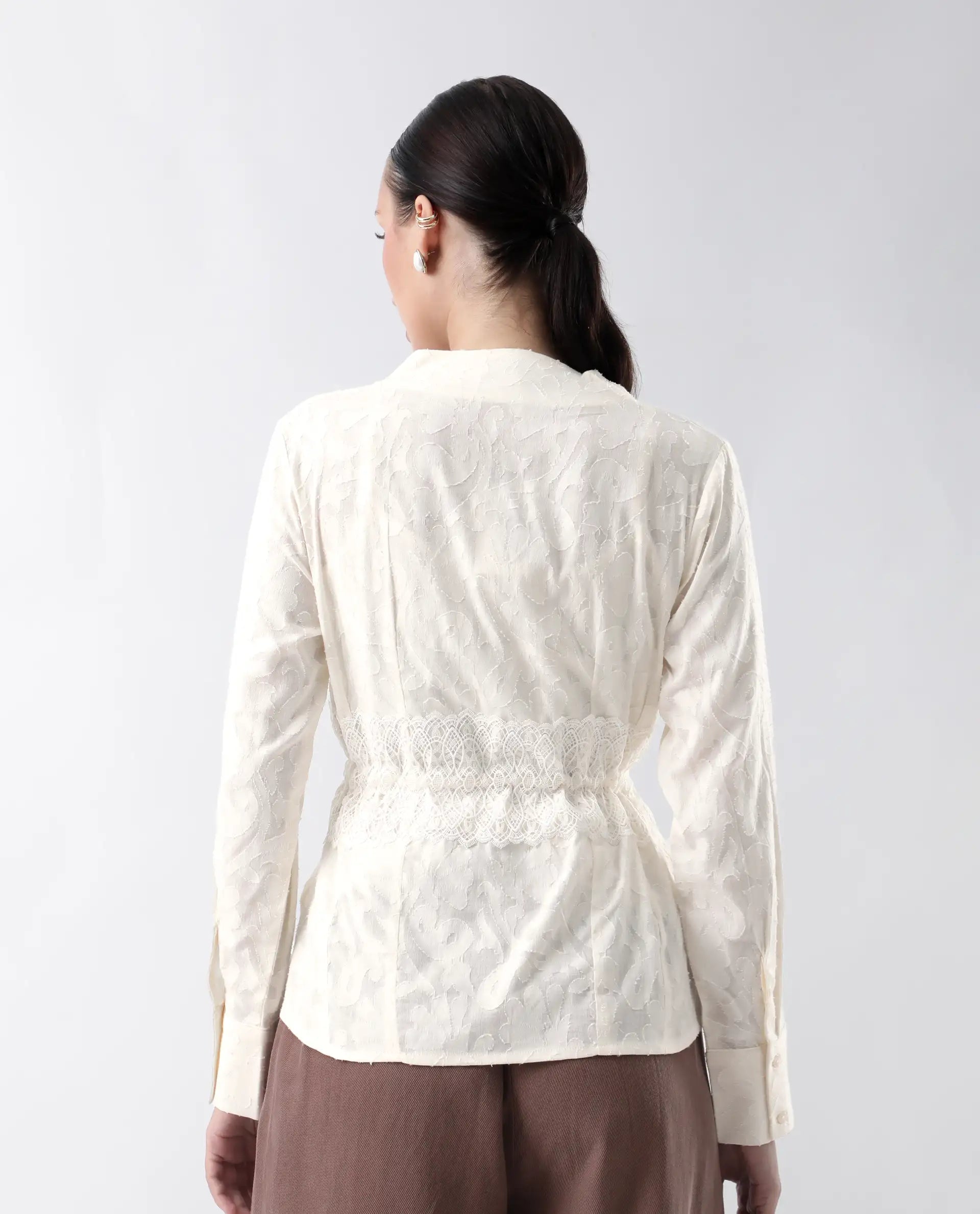 Rareism Women's Prenick Off White Cotton Built-Up Neck Plain Cuffed Sleeve Regular Fit Top