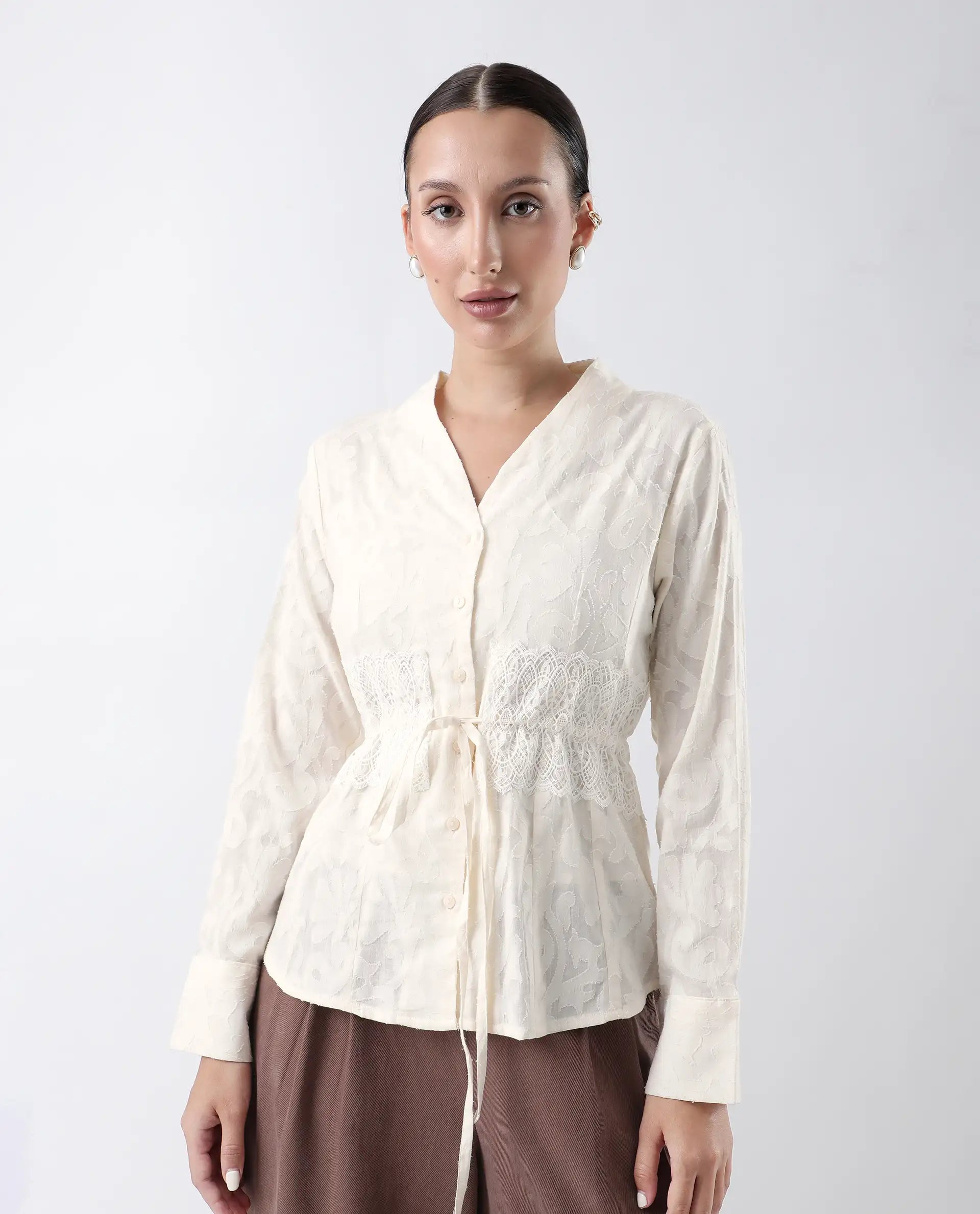 Rareism Women's Prenick Off White Cotton Built-Up Neck Plain Cuffed Sleeve Regular Fit Top