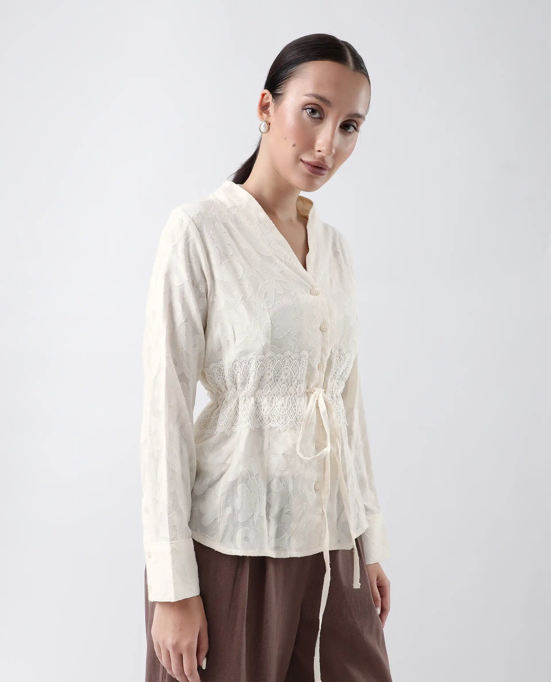 Rareism Women's Prenick Off White Cotton Built-Up Neck Plain Cuffed Sleeve Regular Fit Top