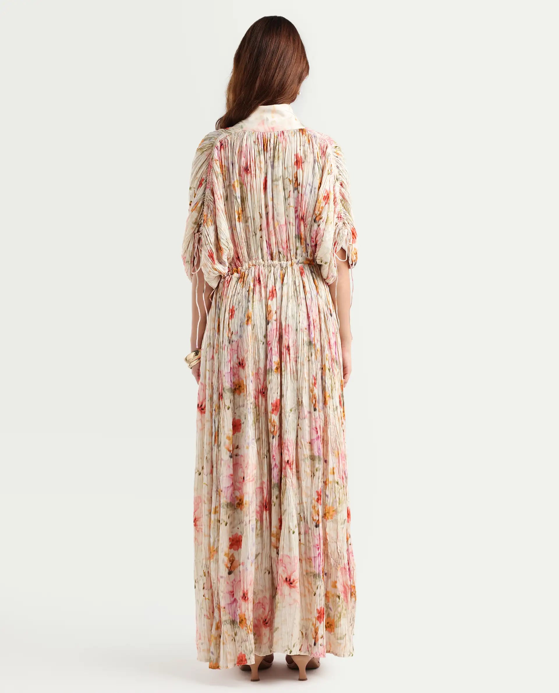 Rareism Women's Prenok Multi Viscose V-Neck Floral Print Kimono Sleeve Maxi Straight Fit Dress