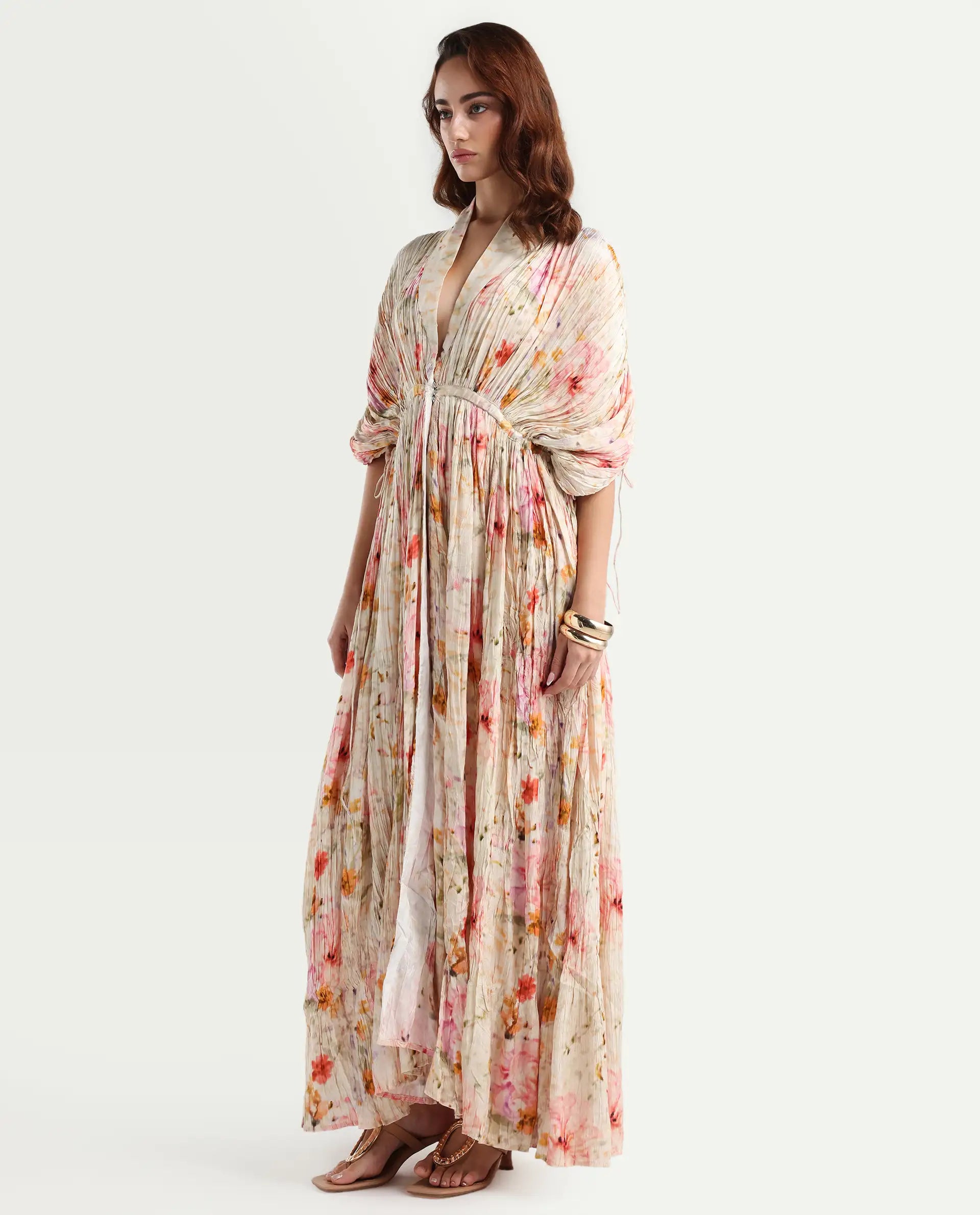 Rareism Women's Prenok Multi Viscose V-Neck Floral Print Kimono Sleeve Maxi Straight Fit Dress