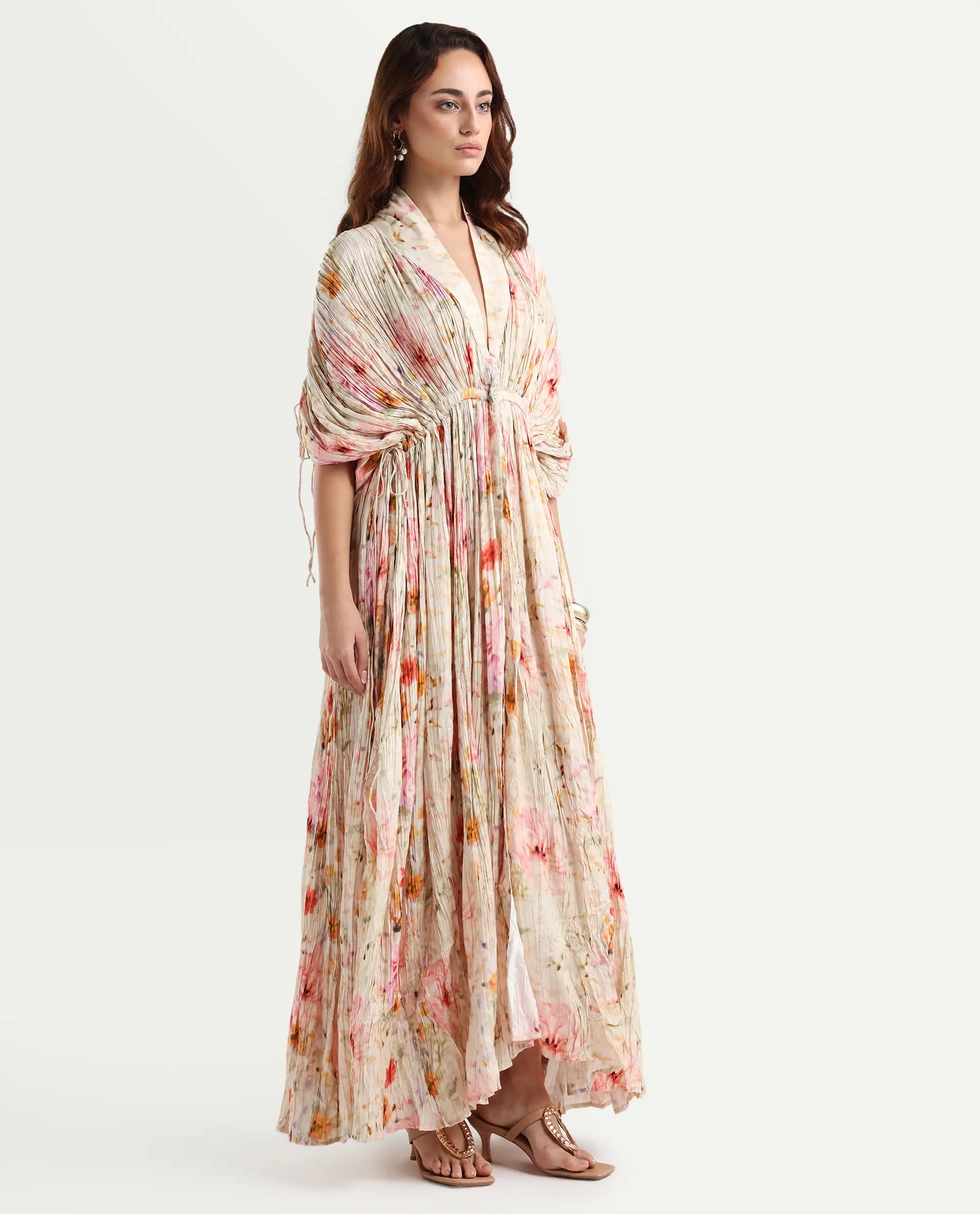 Rareism Women's Prenok Multi Viscose V-Neck Floral Print Kimono Sleeve Maxi Straight Fit Dress