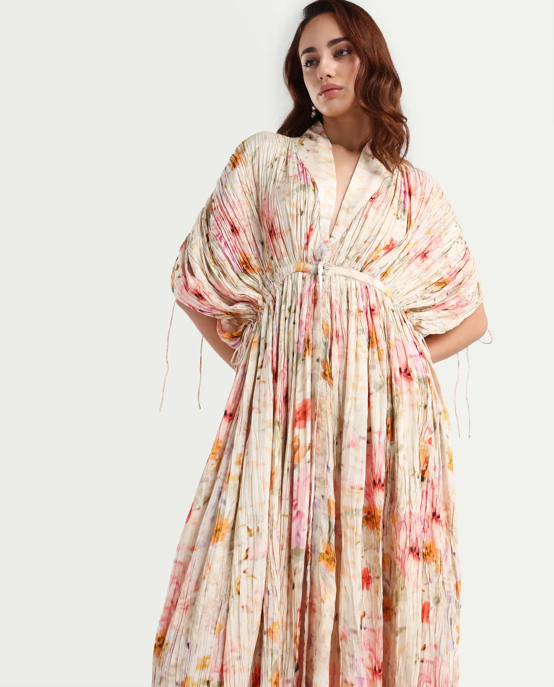 Rareism Women's Prenok Multi Viscose V-Neck Floral Print Kimono Sleeve Maxi Straight Fit Dress