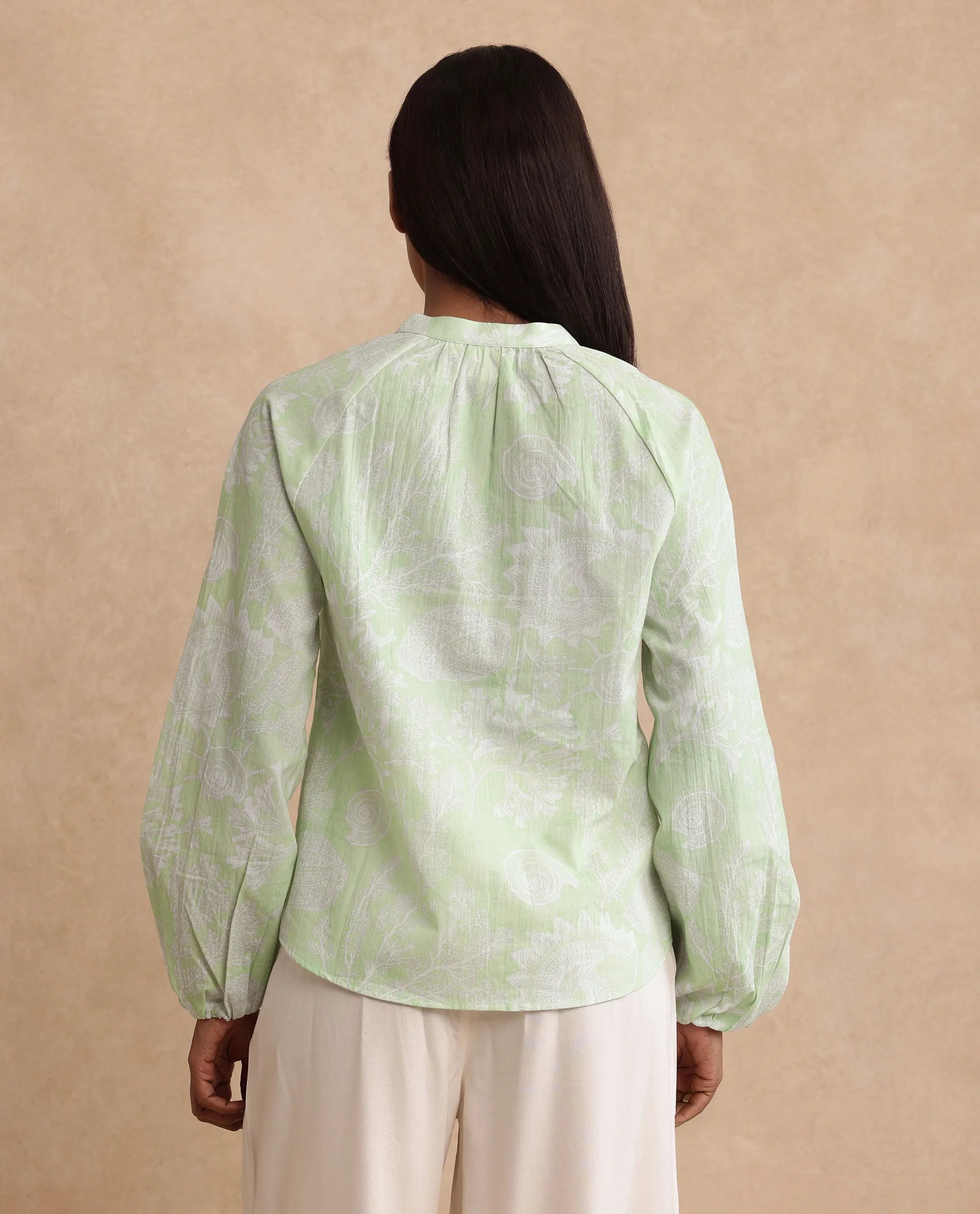 Rareism Women's Prenser Green Cotton Spread Collar Abstract Print Raglan Sleeve Relaxed Fit Top