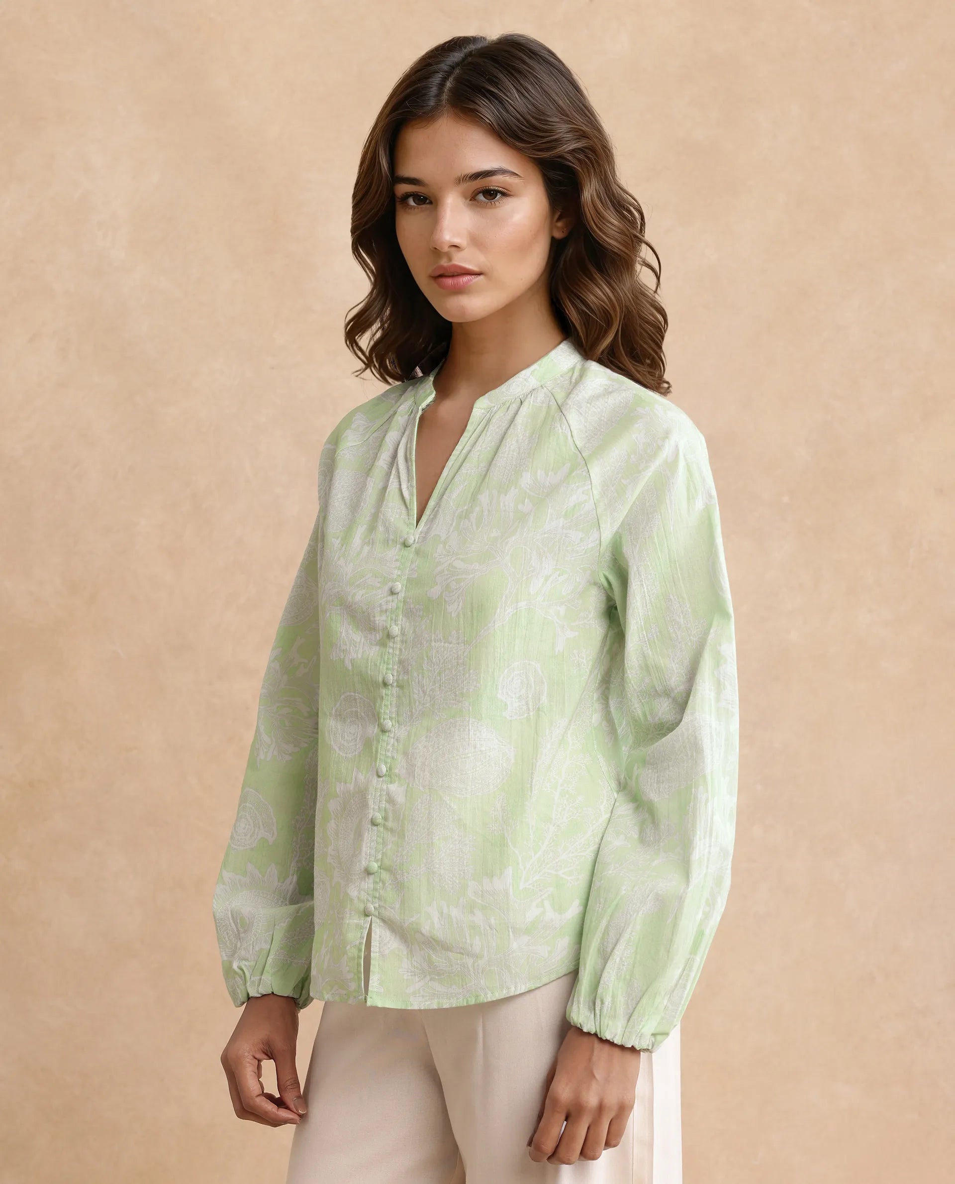 Rareism Women's Prenser Green Cotton Spread Collar Abstract Print Raglan Sleeve Relaxed Fit Top