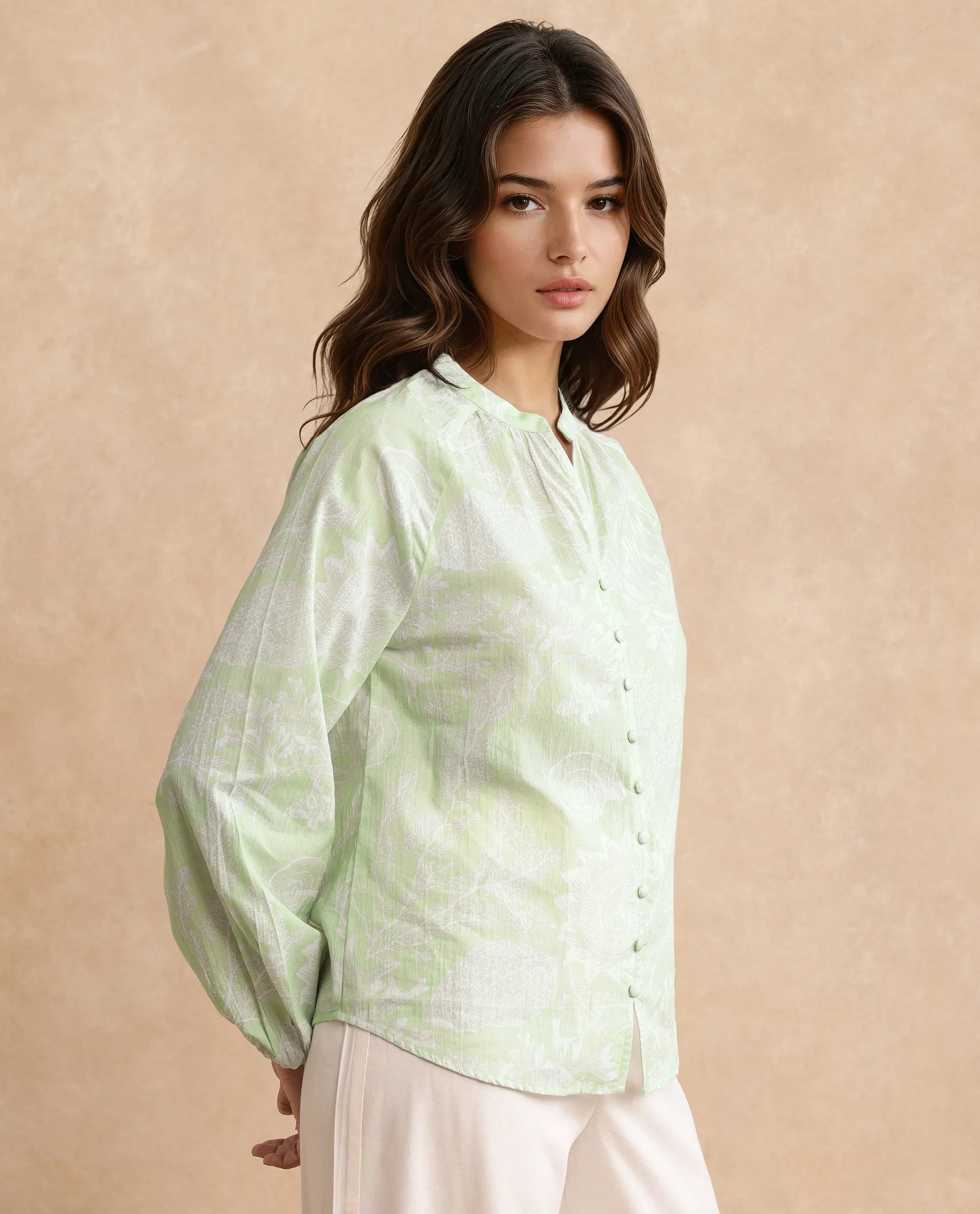 Rareism Women's Prenser Green Cotton Spread Collar Abstract Print Raglan Sleeve Relaxed Fit Top