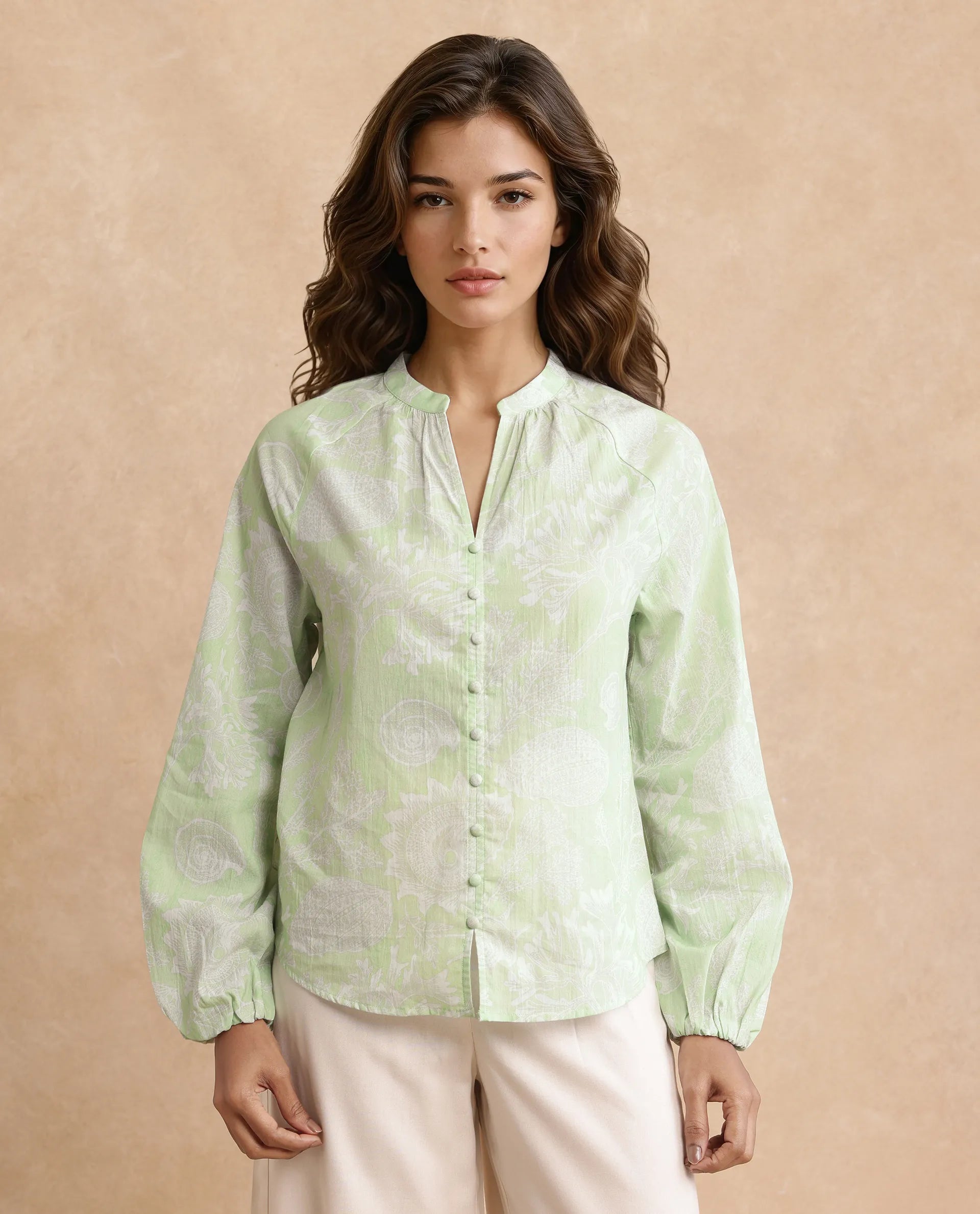 Rareism Women's Prenser Green Cotton Spread Collar Abstract Print Raglan Sleeve Relaxed Fit Top