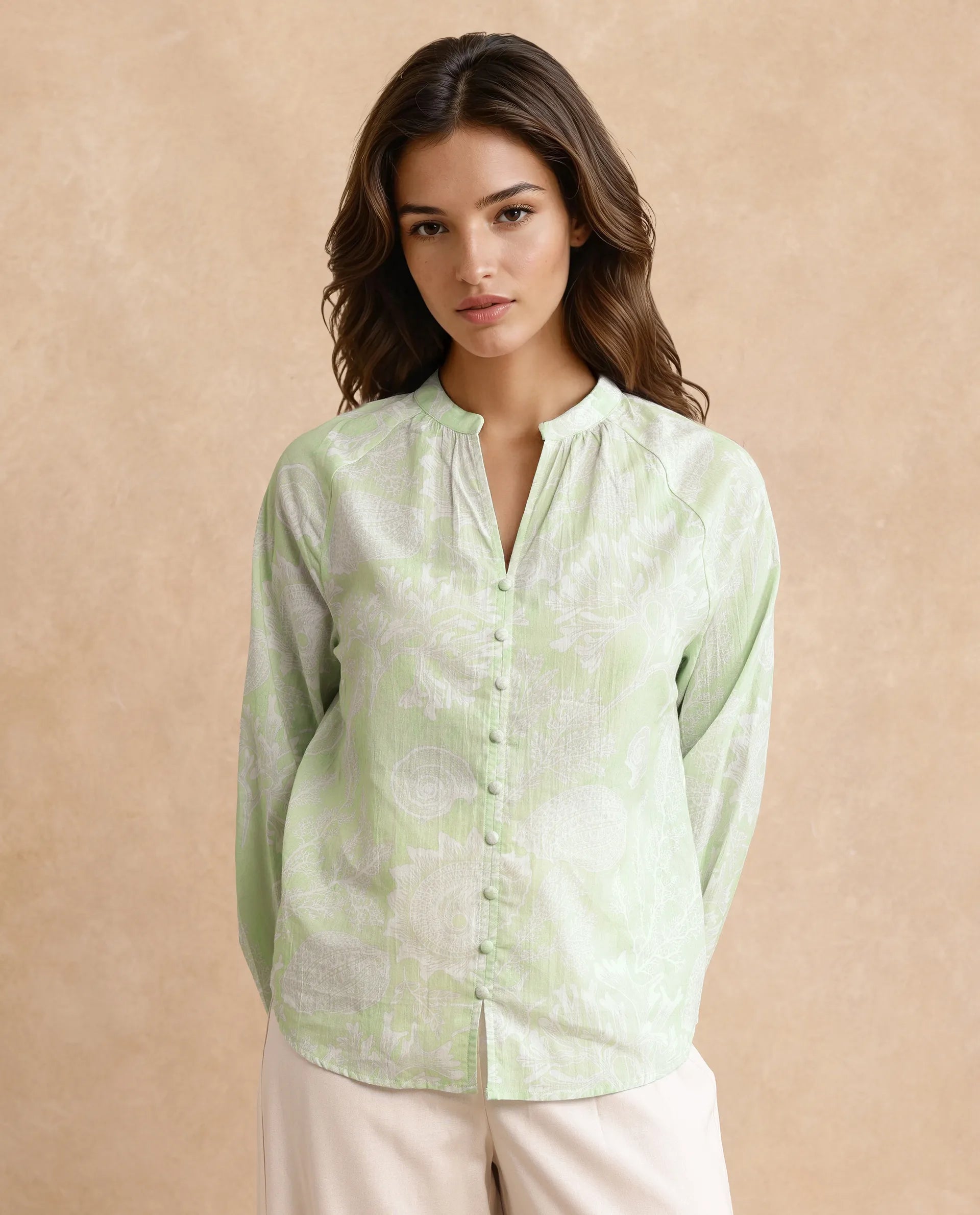 Rareism Women's Prenser Green Cotton Spread Collar Abstract Print Raglan Sleeve Relaxed Fit Top