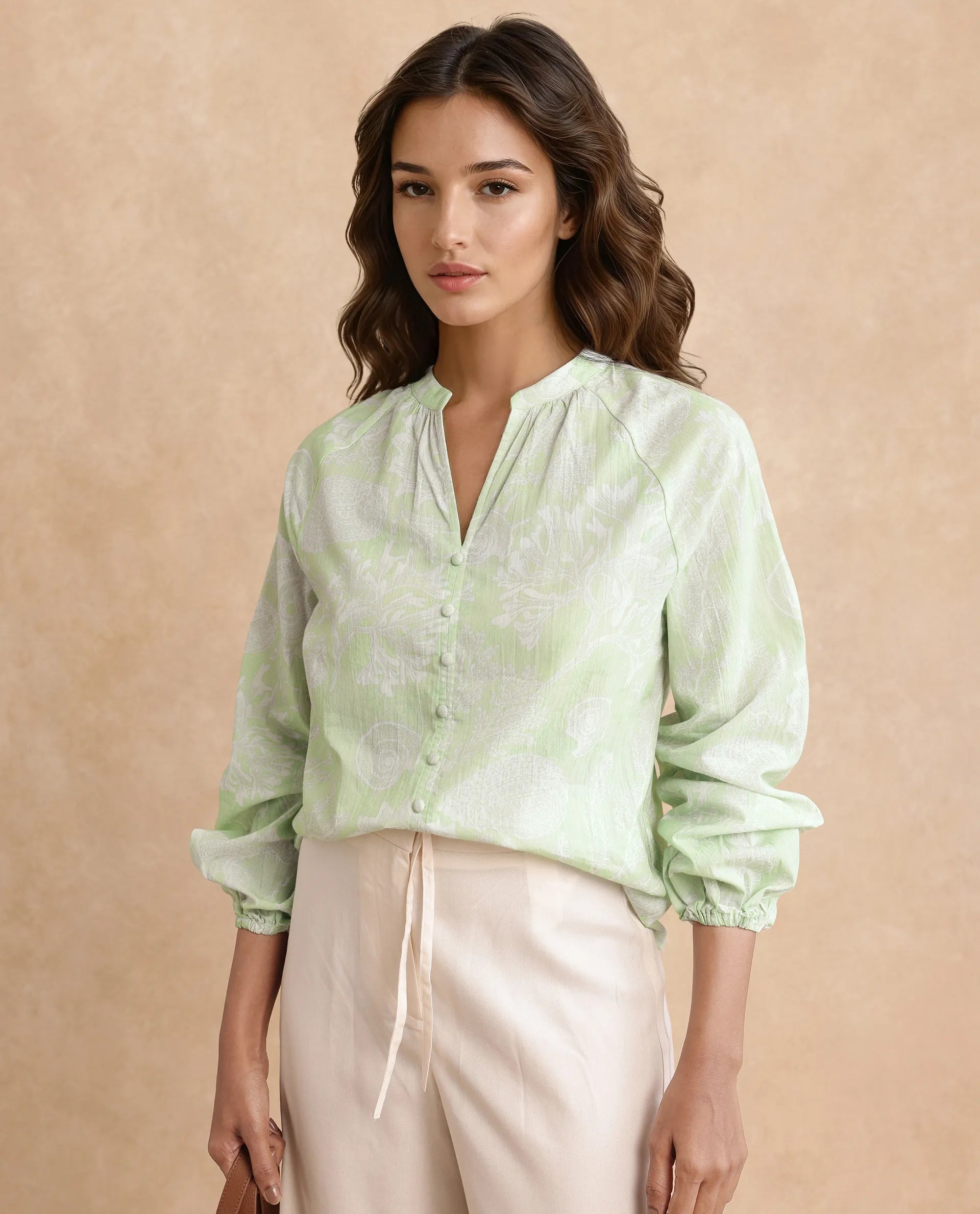 Rareism Women's Prenser Green Cotton Spread Collar Abstract Print Raglan Sleeve Relaxed Fit Top