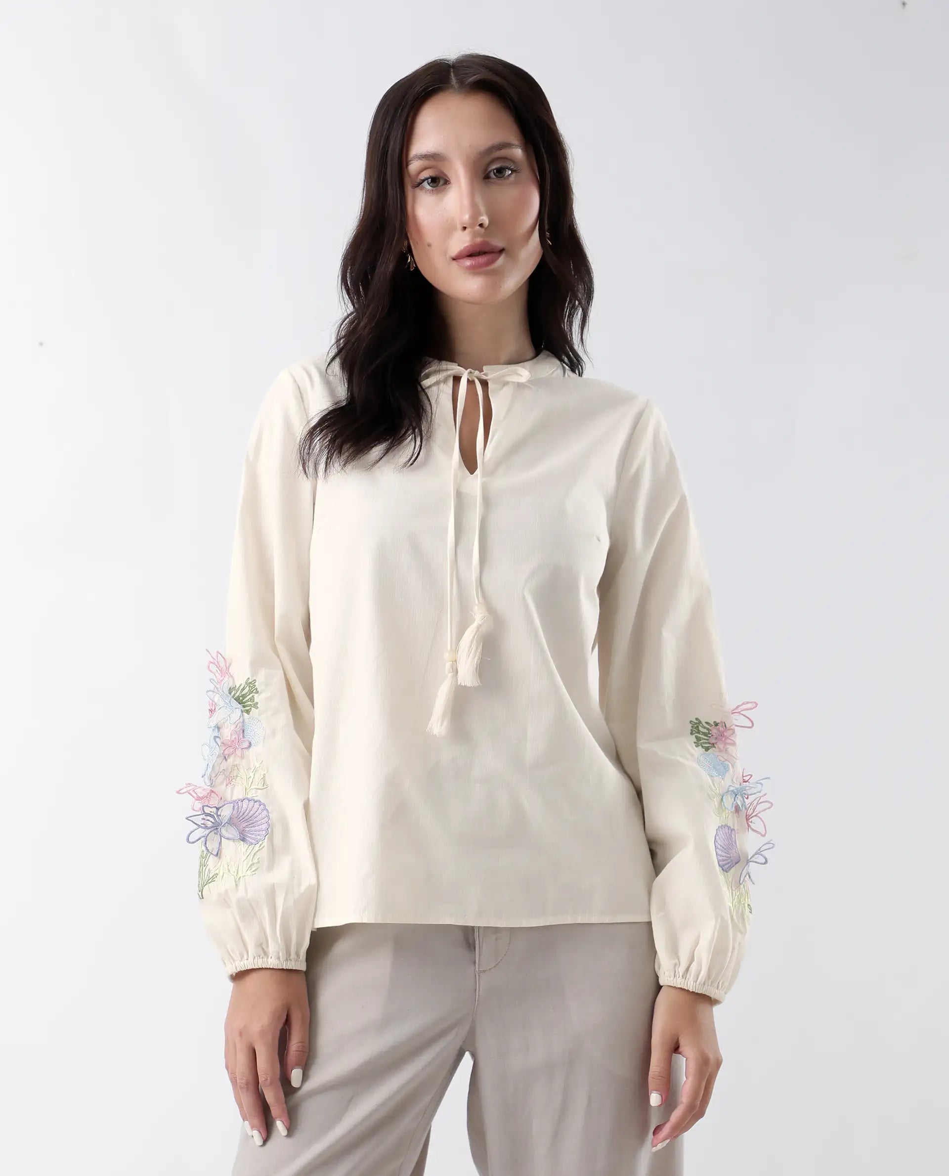 Rareism Women's Prenta-T Beige Cotton Tie-Up Neck Striped Regular Fit Top