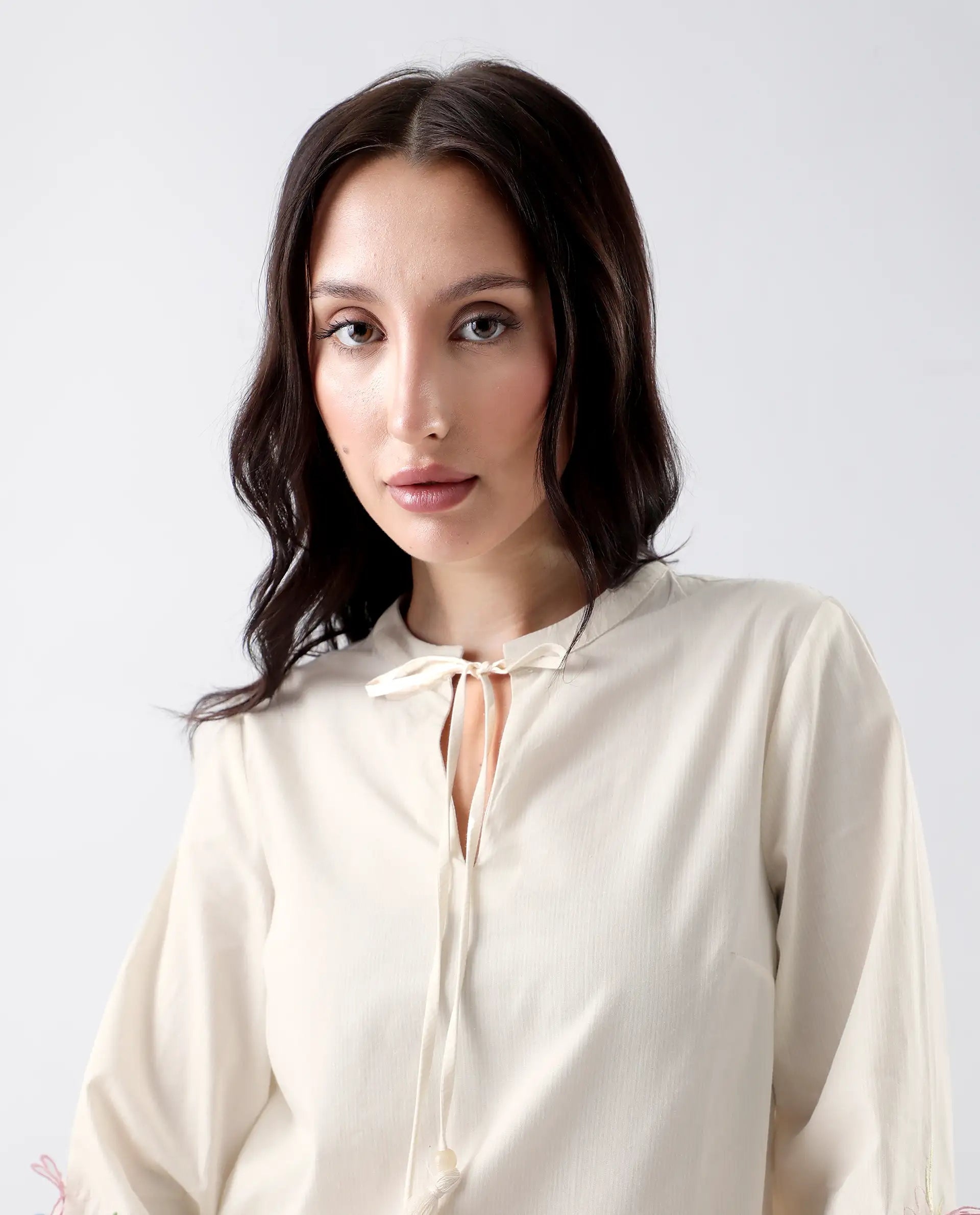 Rareism Women's Prenta-T Beige Cotton Tie-Up Neck Striped Regular Fit Top