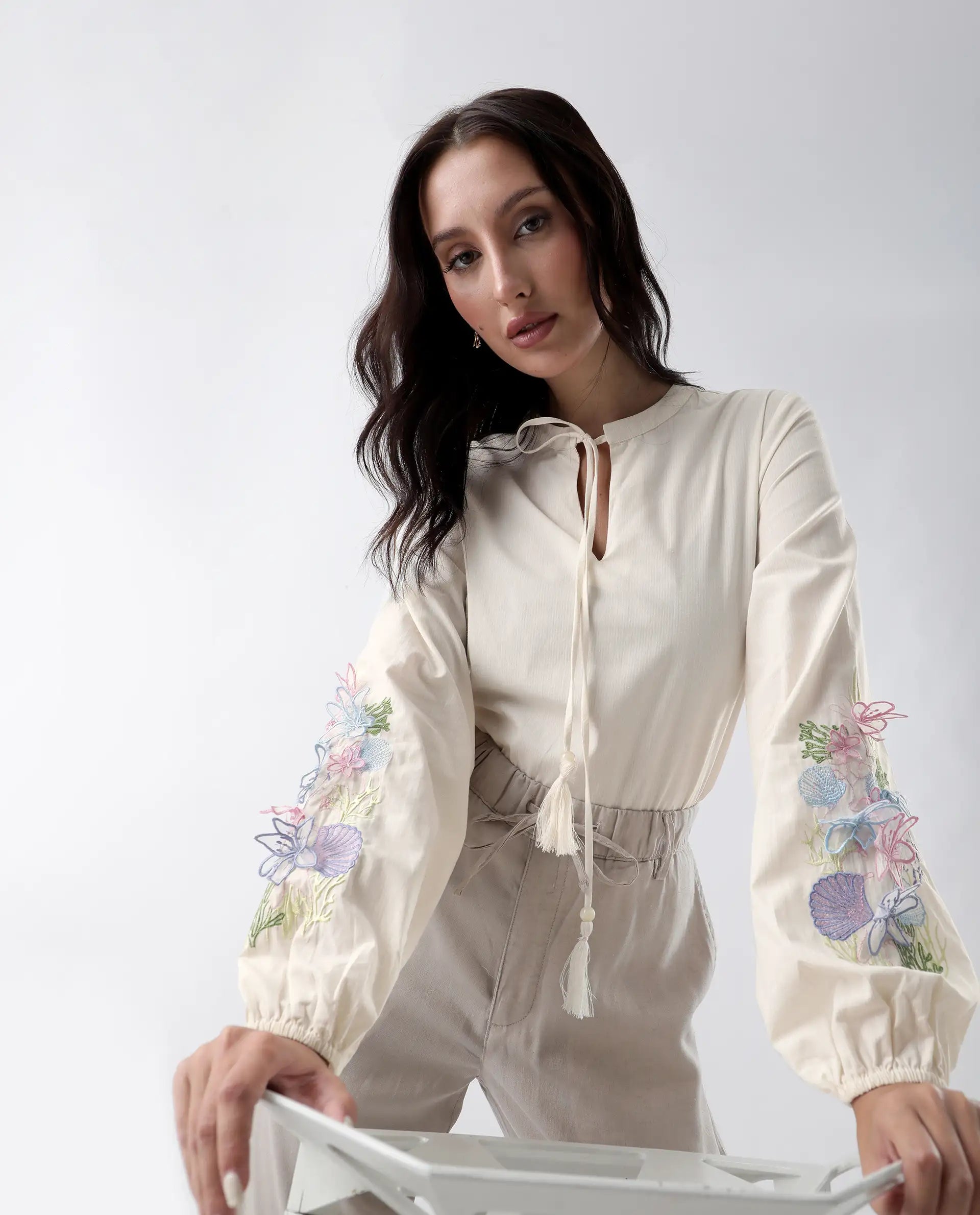 Rareism Women's Prenta-T Beige Cotton Tie-Up Neck Striped Regular Fit Top