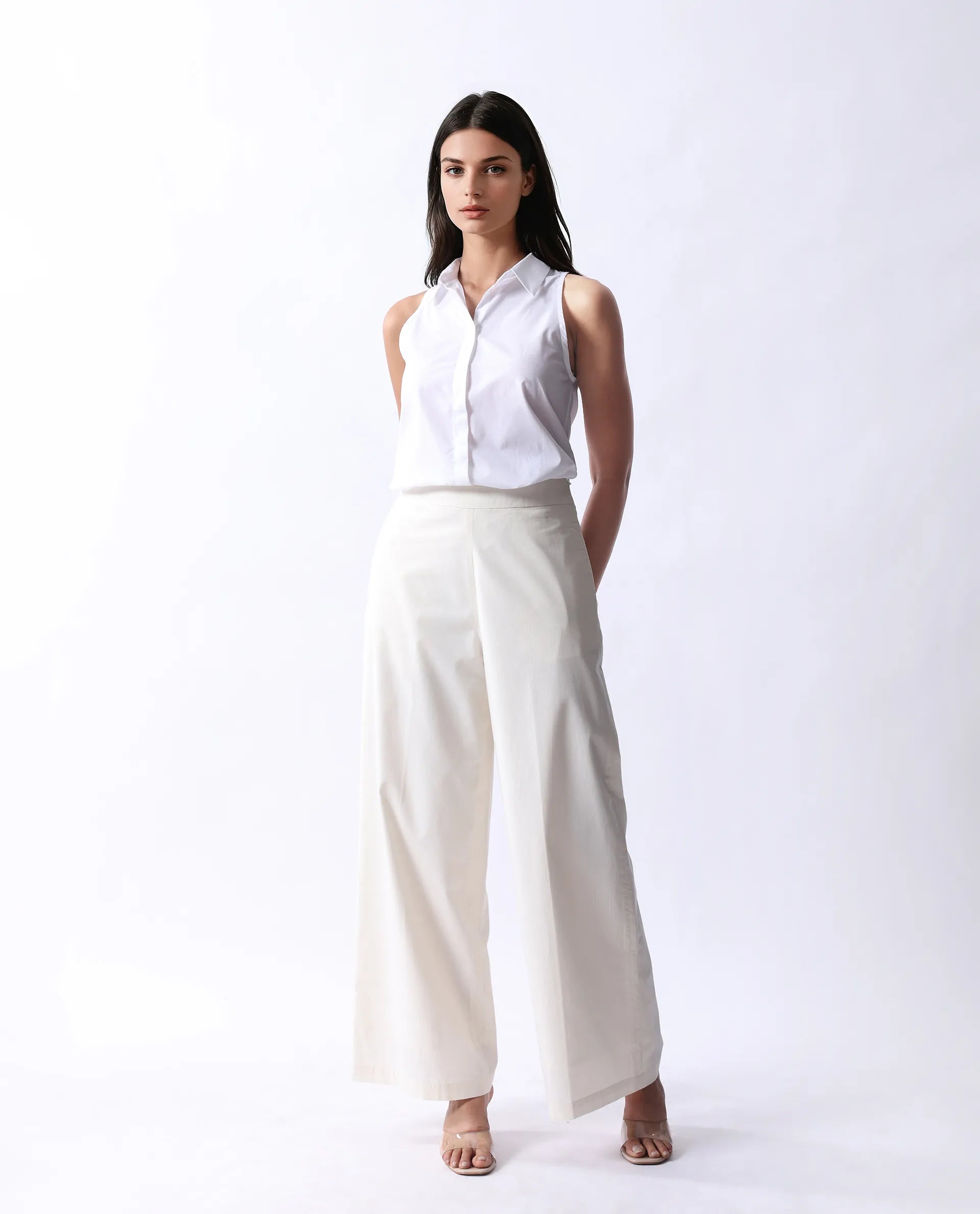 Rareism Women's Prenta B Beige Cotton Striped Ankle Length Straight Fit Trouser