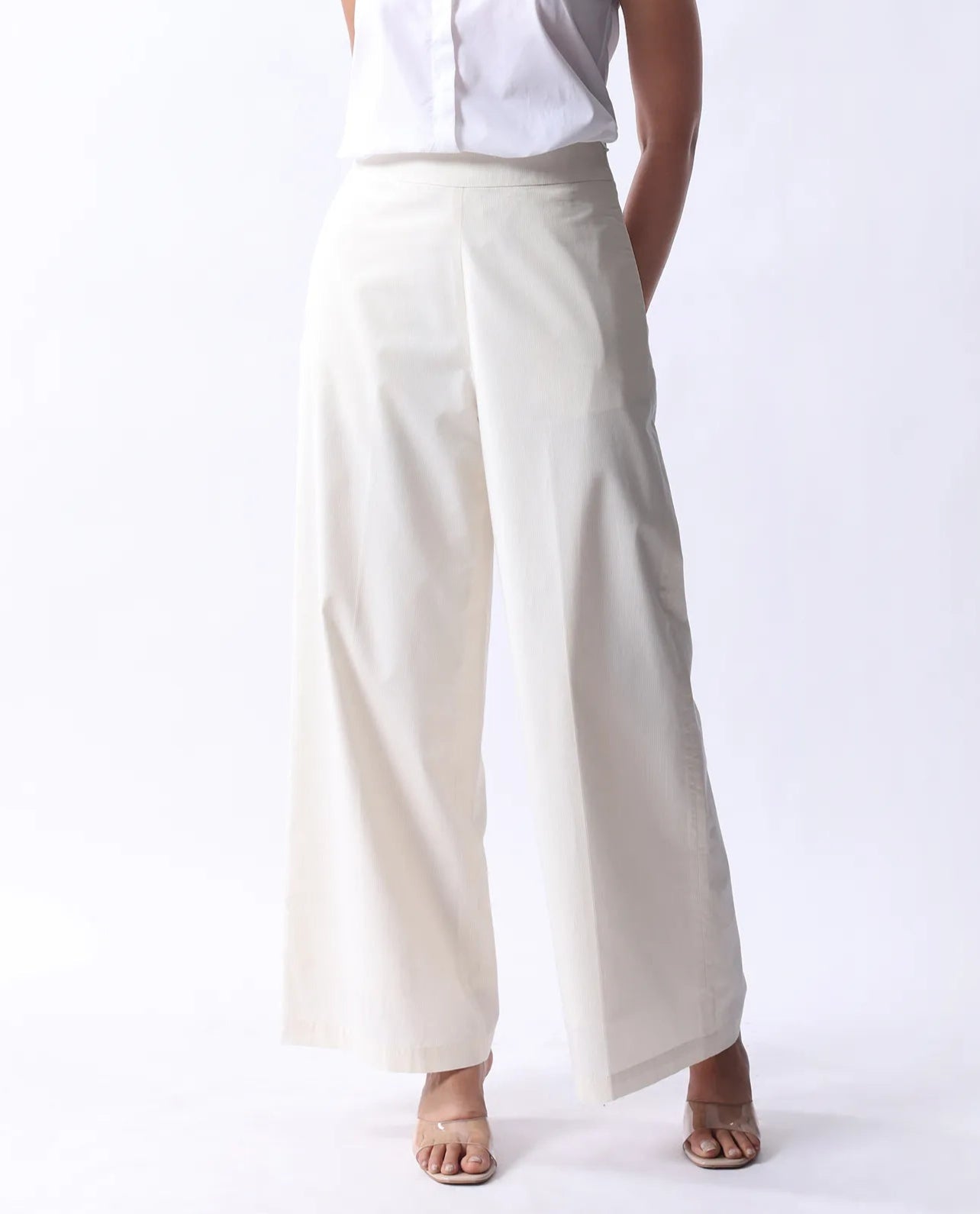 Rareism Women's Prenta B Beige Cotton Striped Ankle Length Straight Fit Trouser