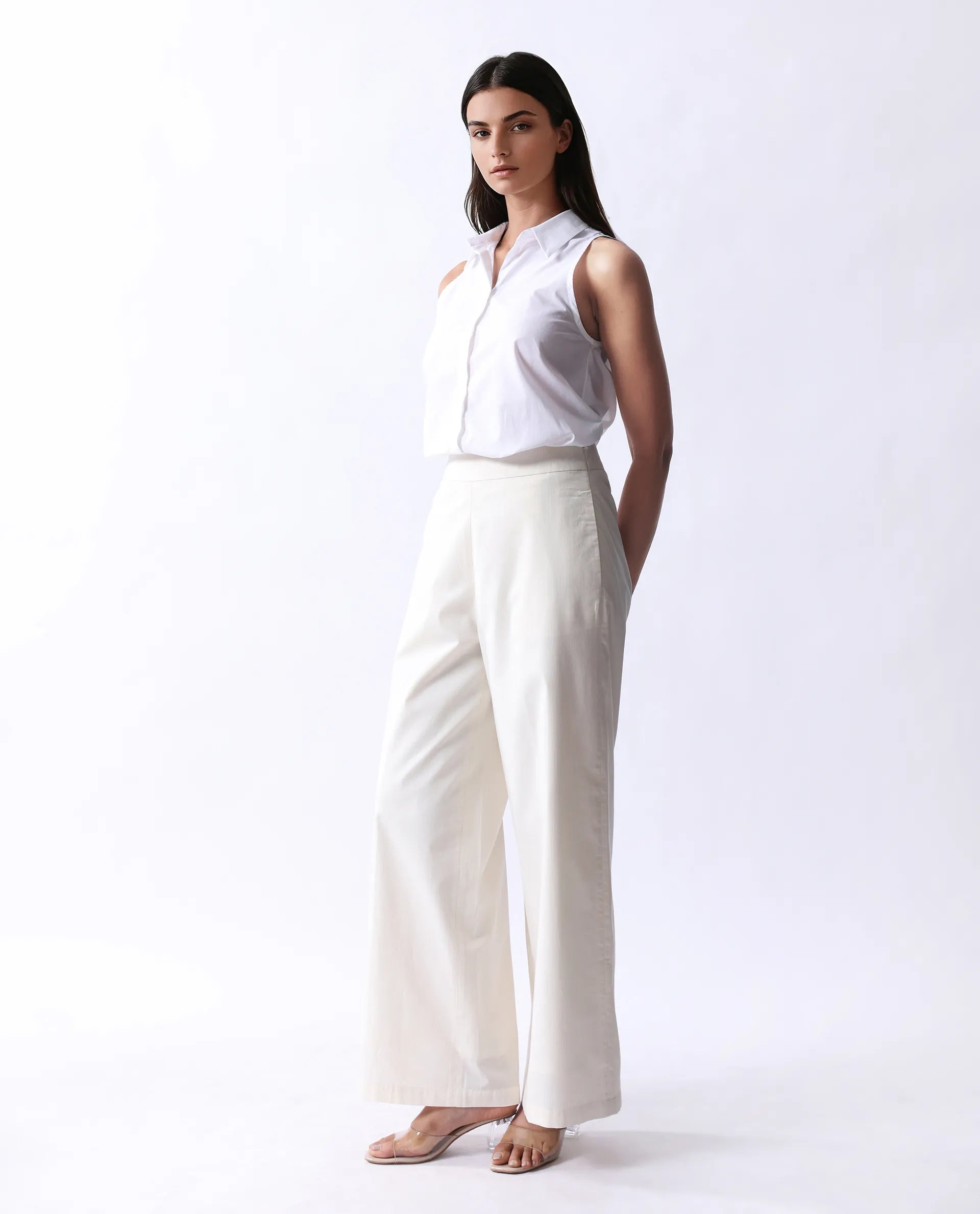 Rareism Women's Prenta B Beige Cotton Striped Ankle Length Straight Fit Trouser