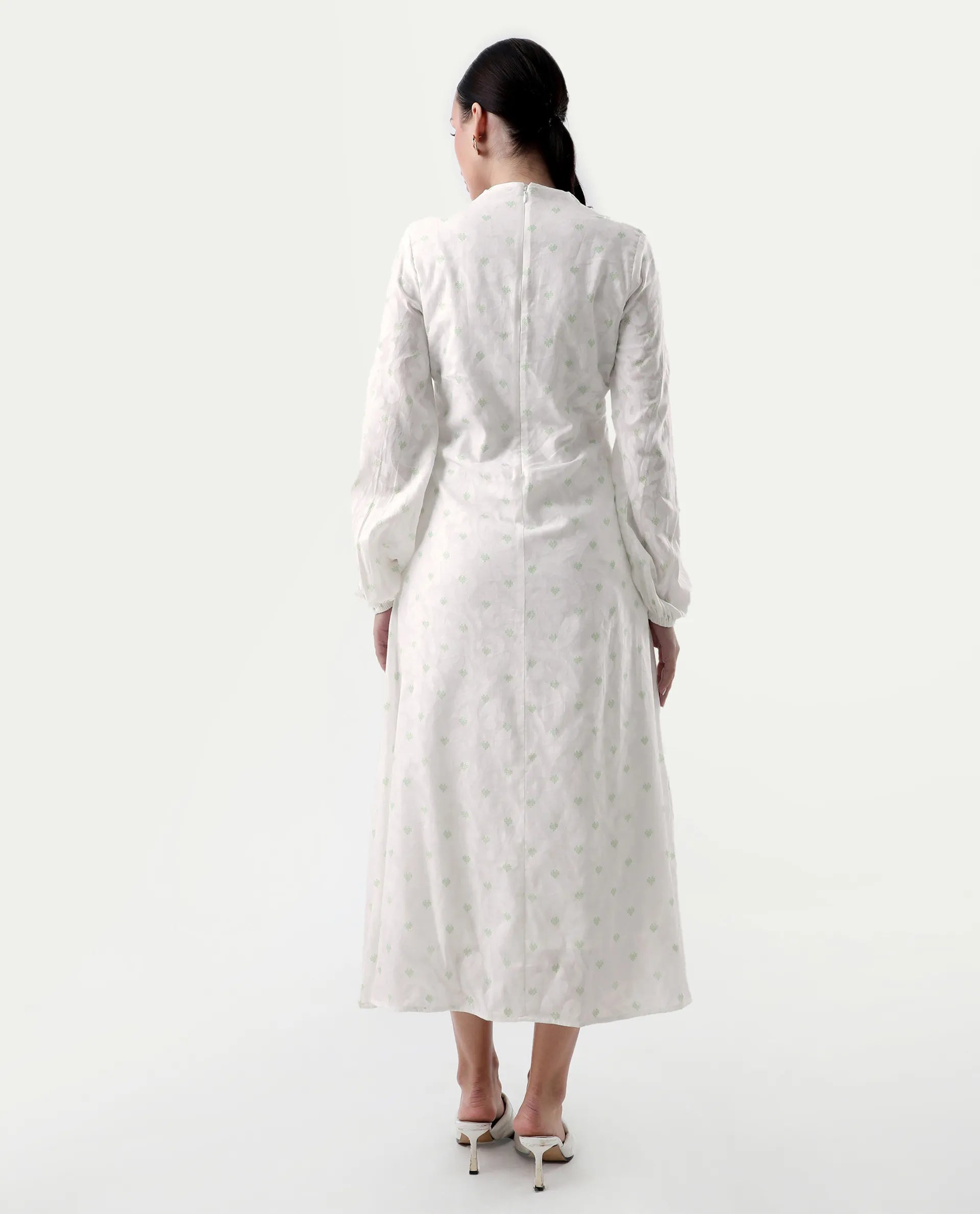 Rareism Women's Prento White Cotton V-Neck Plain Bishop Sleeve Midi Flared Dress