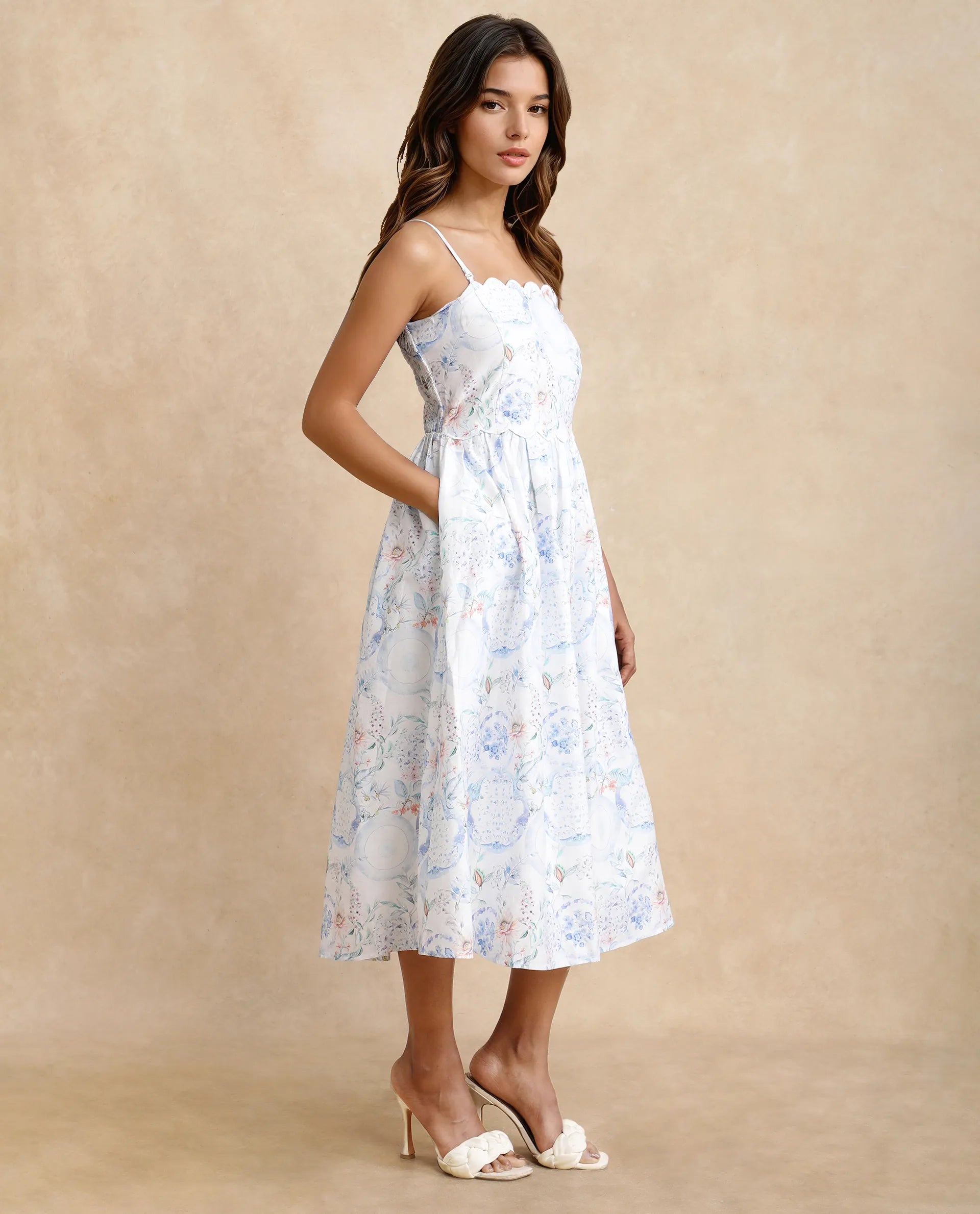 Rareism Women's Prenup Multi Cotton Tube Neck Abstract Print Sleeveless Midi Fit And Flare Dress