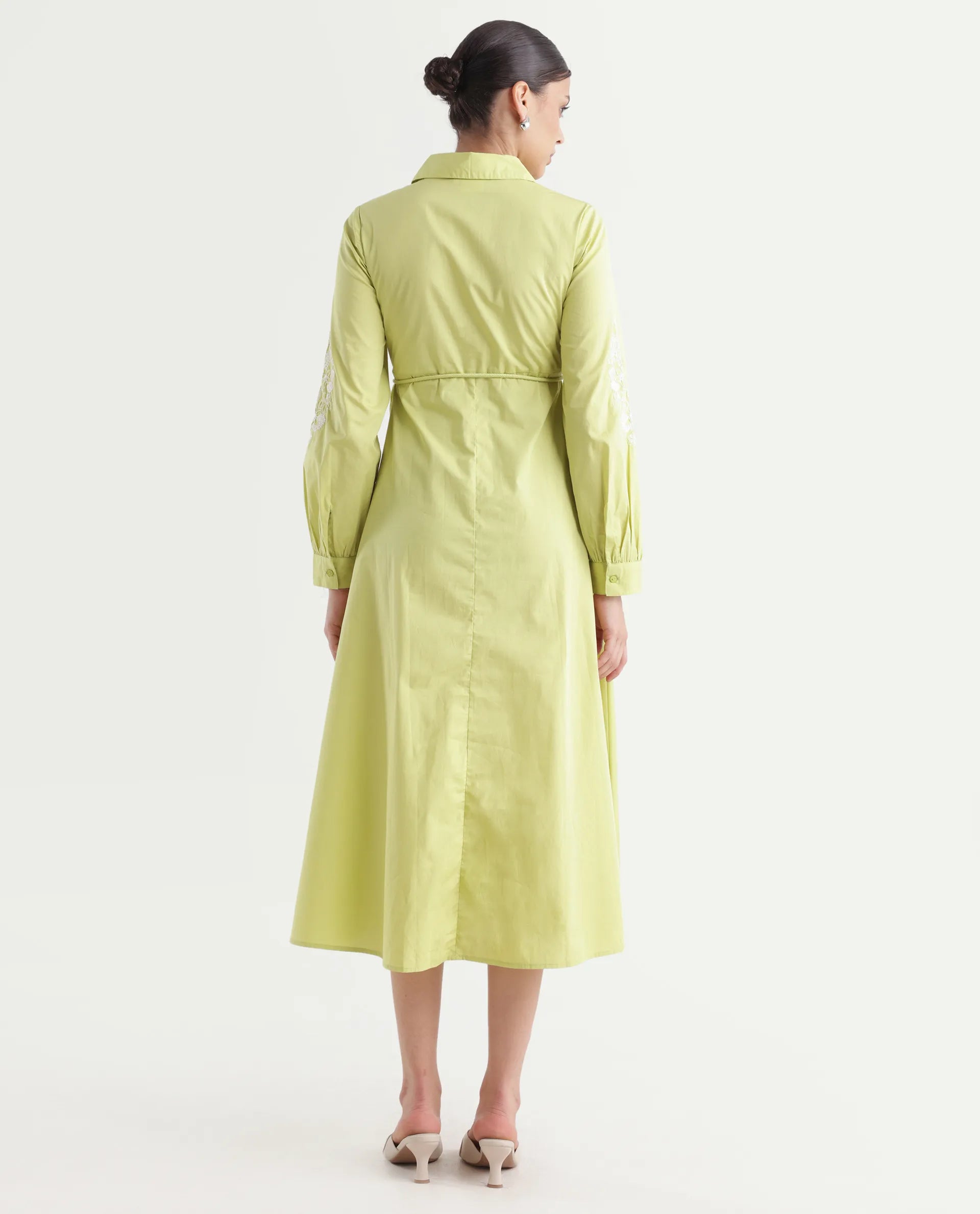 Rareism Women's Prep Green Cotton Spread Collar Plain Balloon Sleeve Midi Fit And Flare Dress