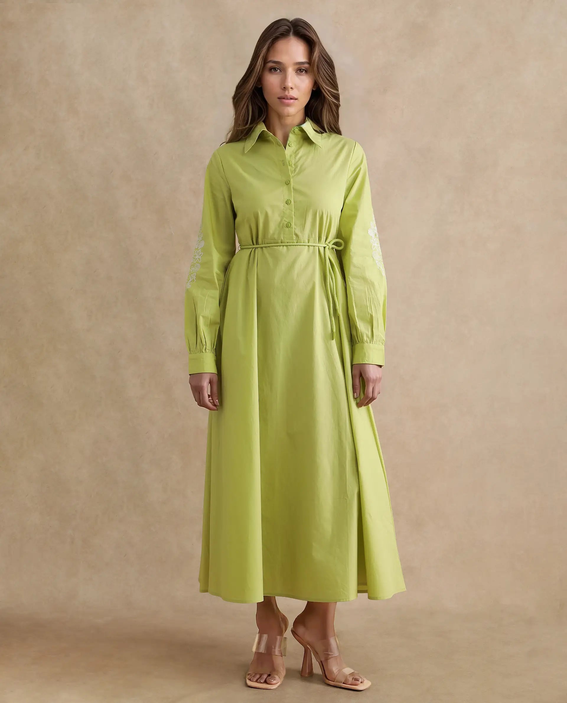 Rareism Women's Prep Green Cotton Spread Collar Plain Balloon Sleeve Midi Fit And Flare Dress