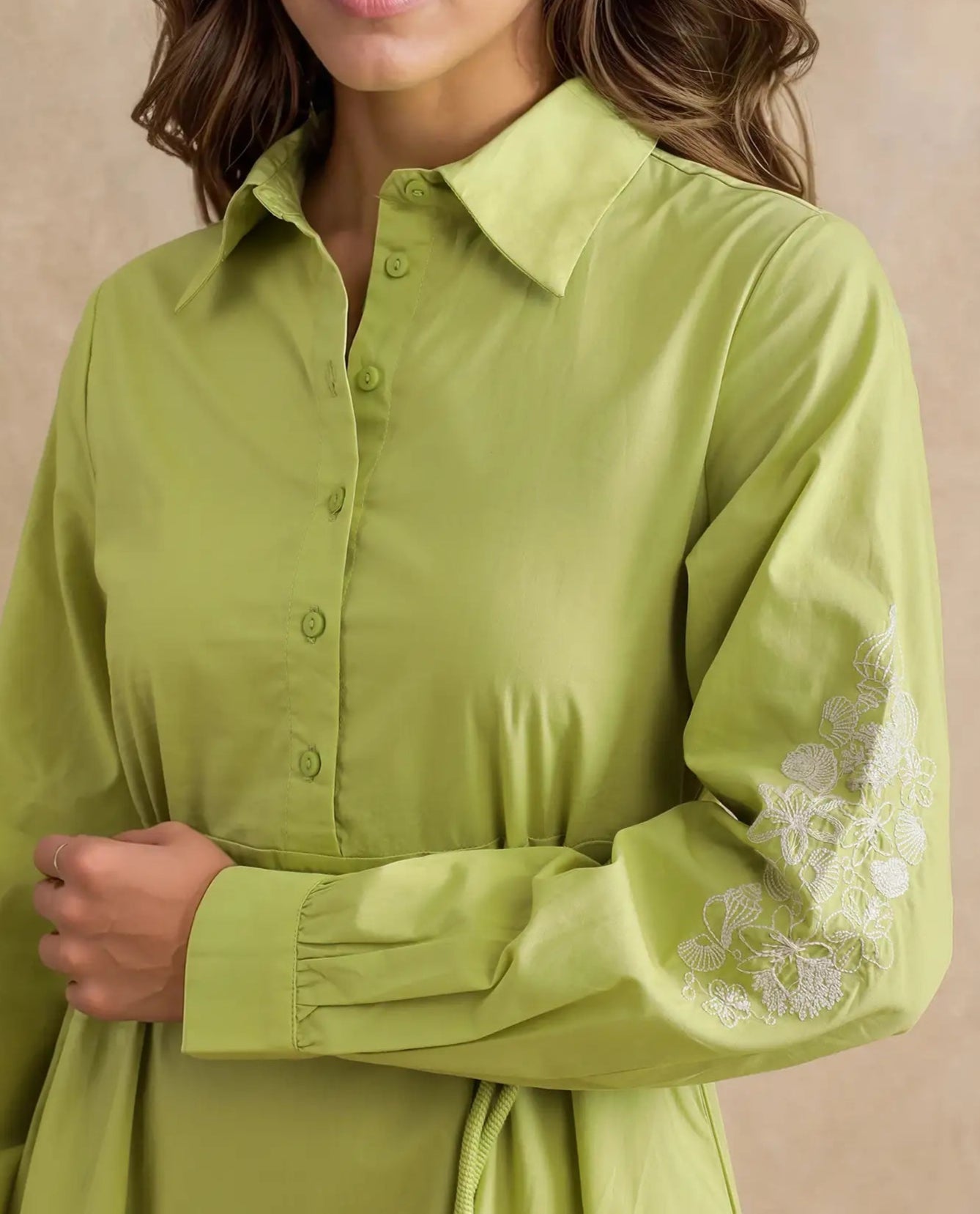 Rareism Women's Prep Green Cotton Spread Collar Plain Balloon Sleeve Midi Fit And Flare Dress