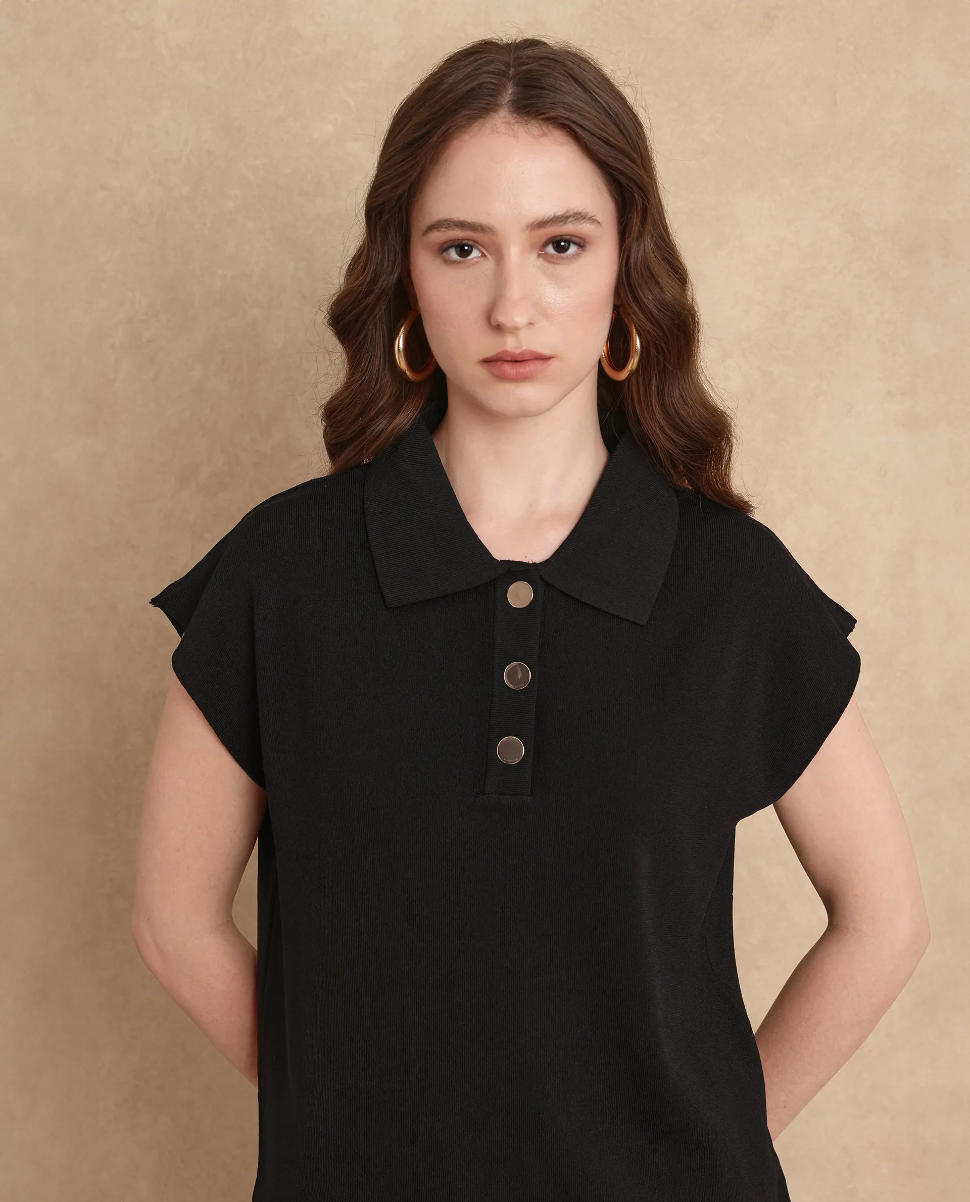 Rareism Women Prepol Black Viscose Blend Fabric Short Sleeve Relaxed Fit Top