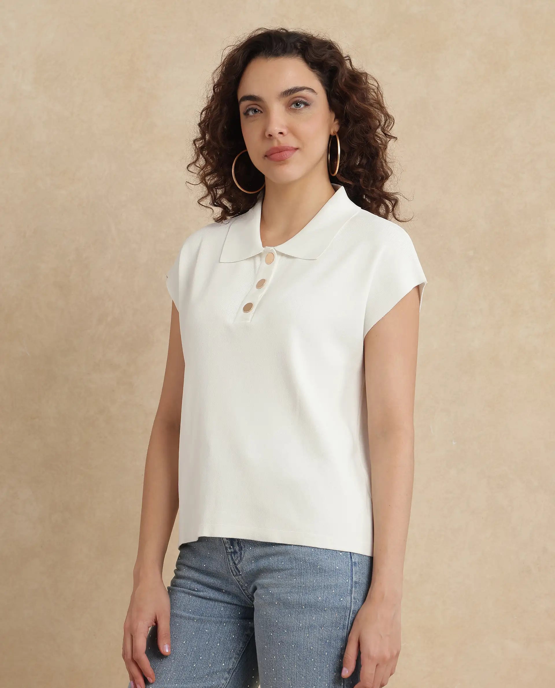 Rareism Women Prepol Off White Viscose Blend Fabric Extended Sleeve Relaxed Fit Top