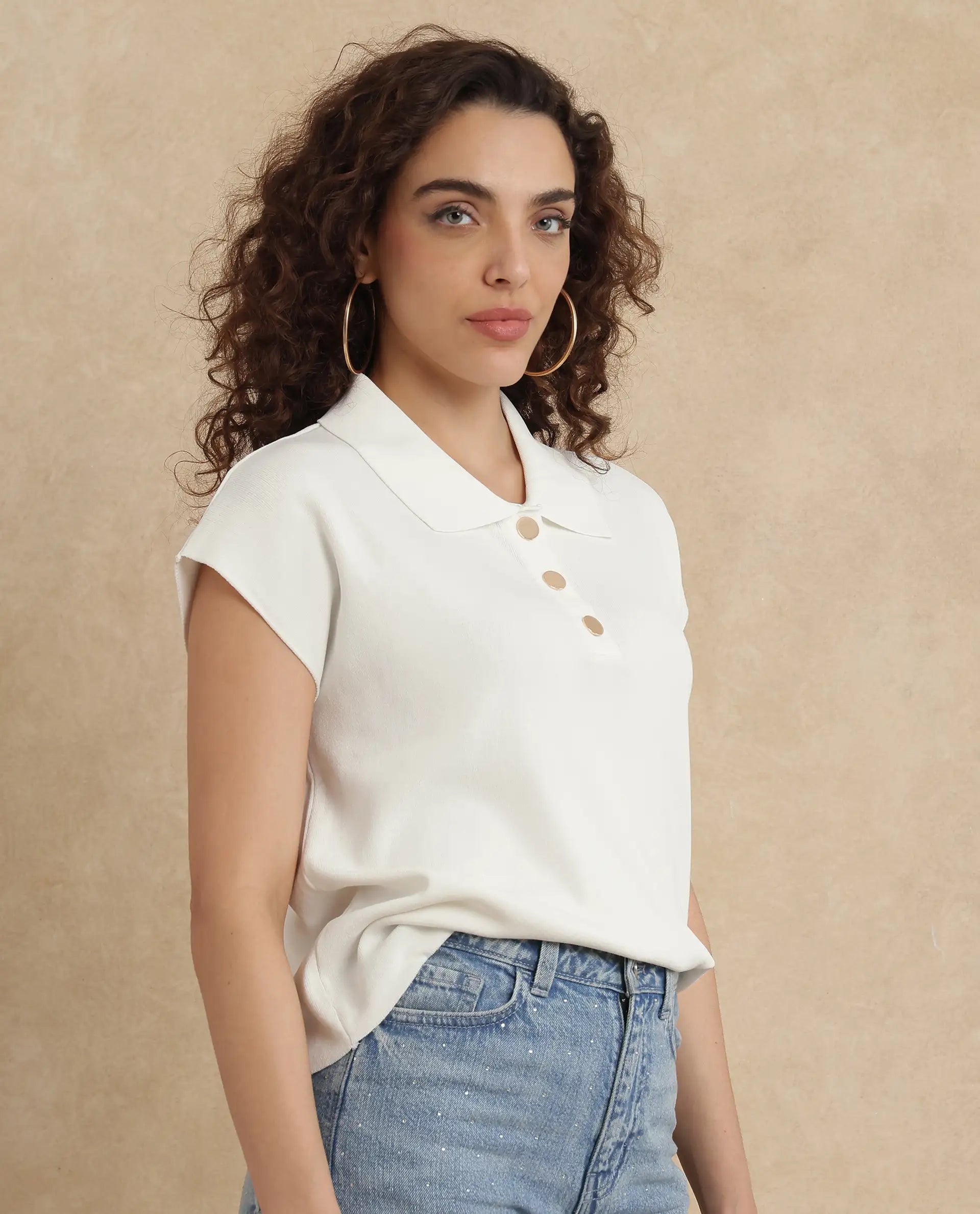 Rareism Women Prepol Off White Viscose Blend Fabric Extended Sleeve Relaxed Fit Top