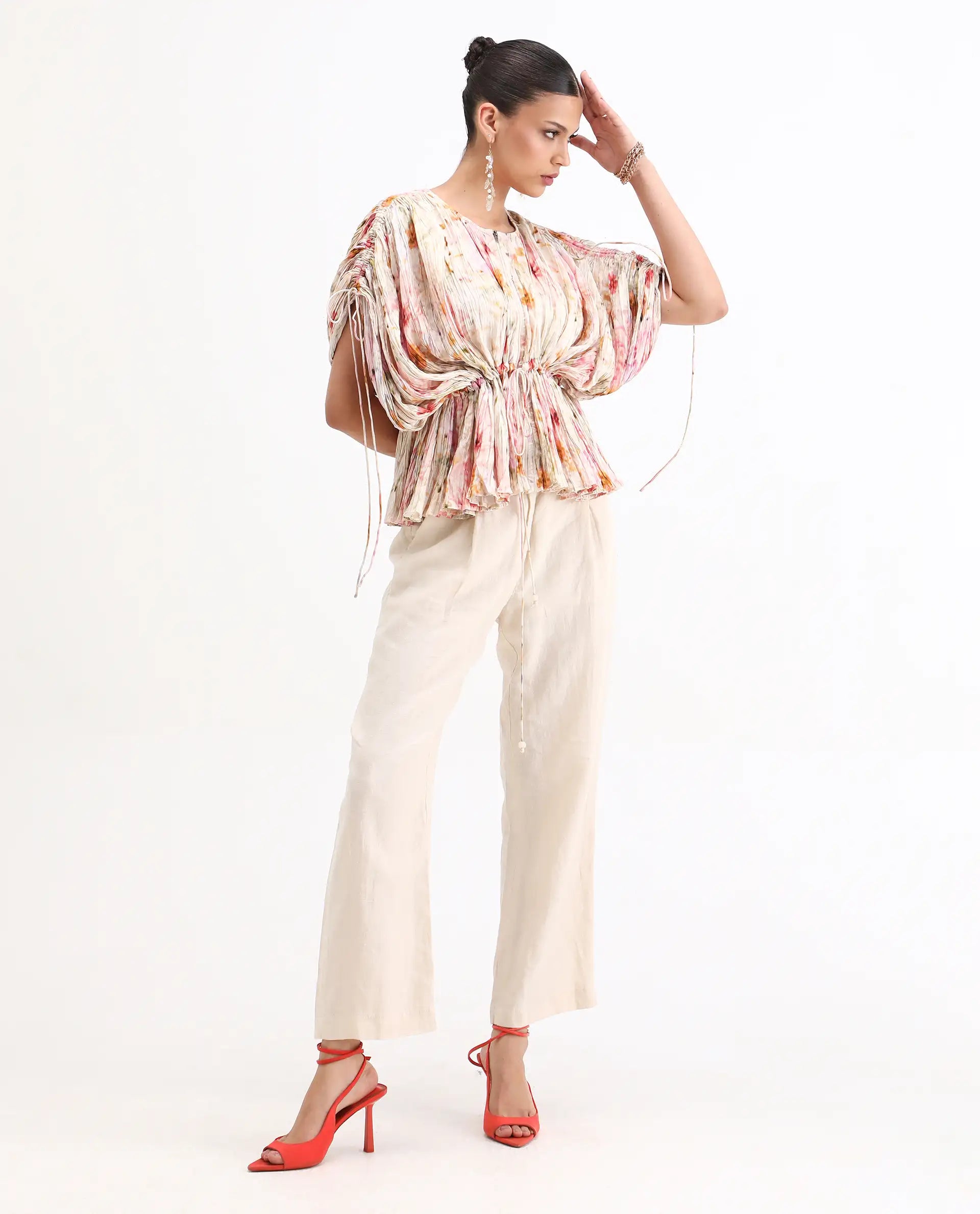 Rareism Women's Prepo Multi Viscose Round Neck Floral Print Kimono Sleeve Relaxed Fit Top