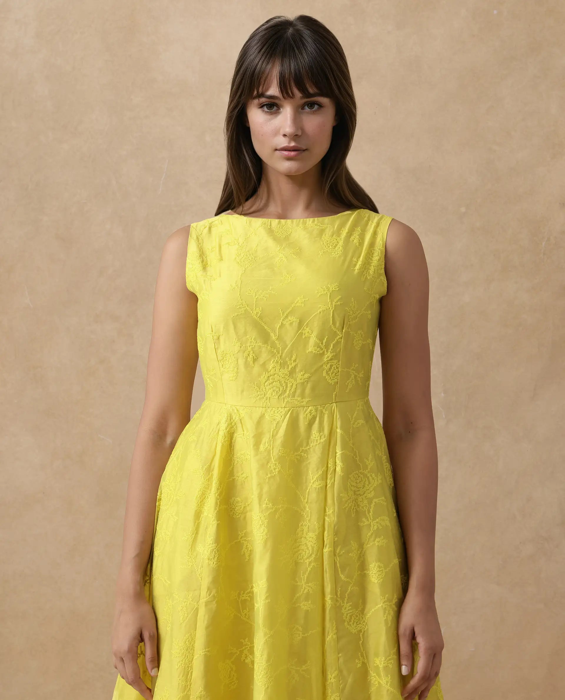 Rareism Women's Prero Green Viscose Blend Boat Neck Plain Sleeveless Midi A-Line Dress