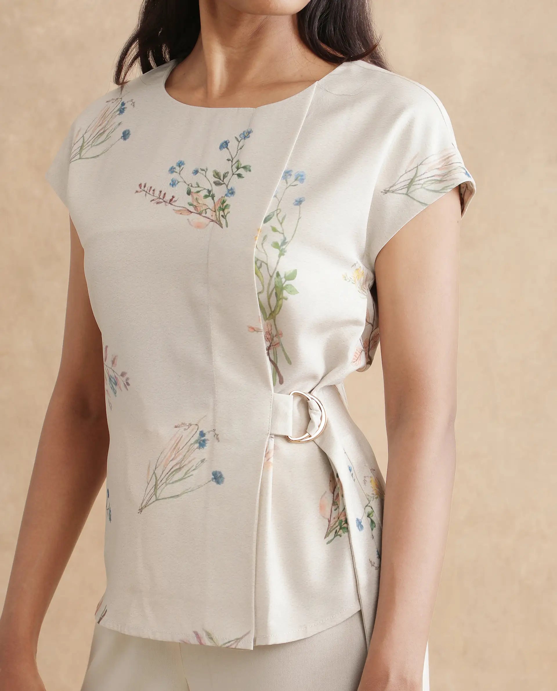 Rareism Women's Prerthi Multi Polyester Round Neck Floral Print Extended Sleeves Regular Fit Top