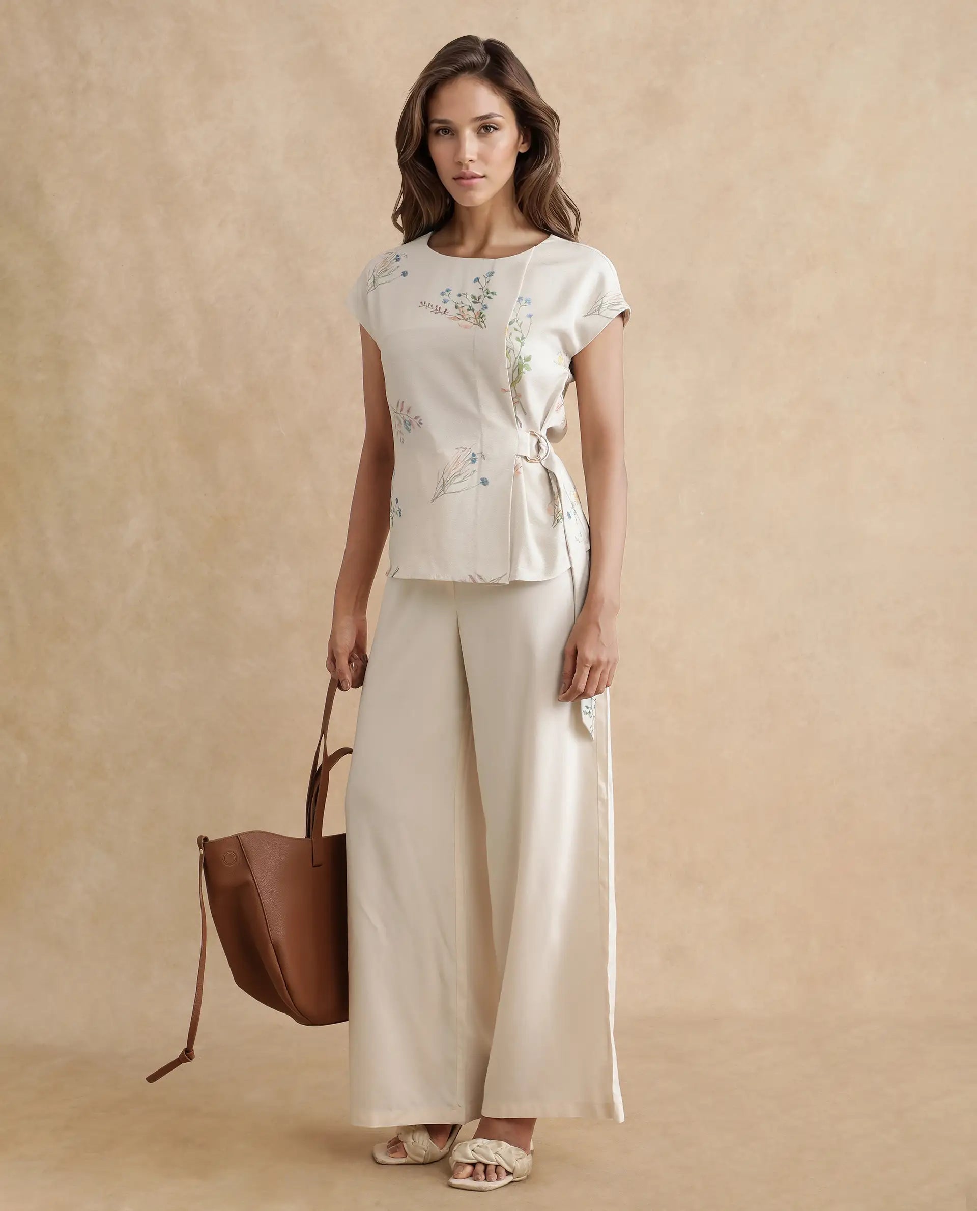 Rareism Women's Prerthi Multi Polyester Round Neck Floral Print Extended Sleeves Regular Fit Top