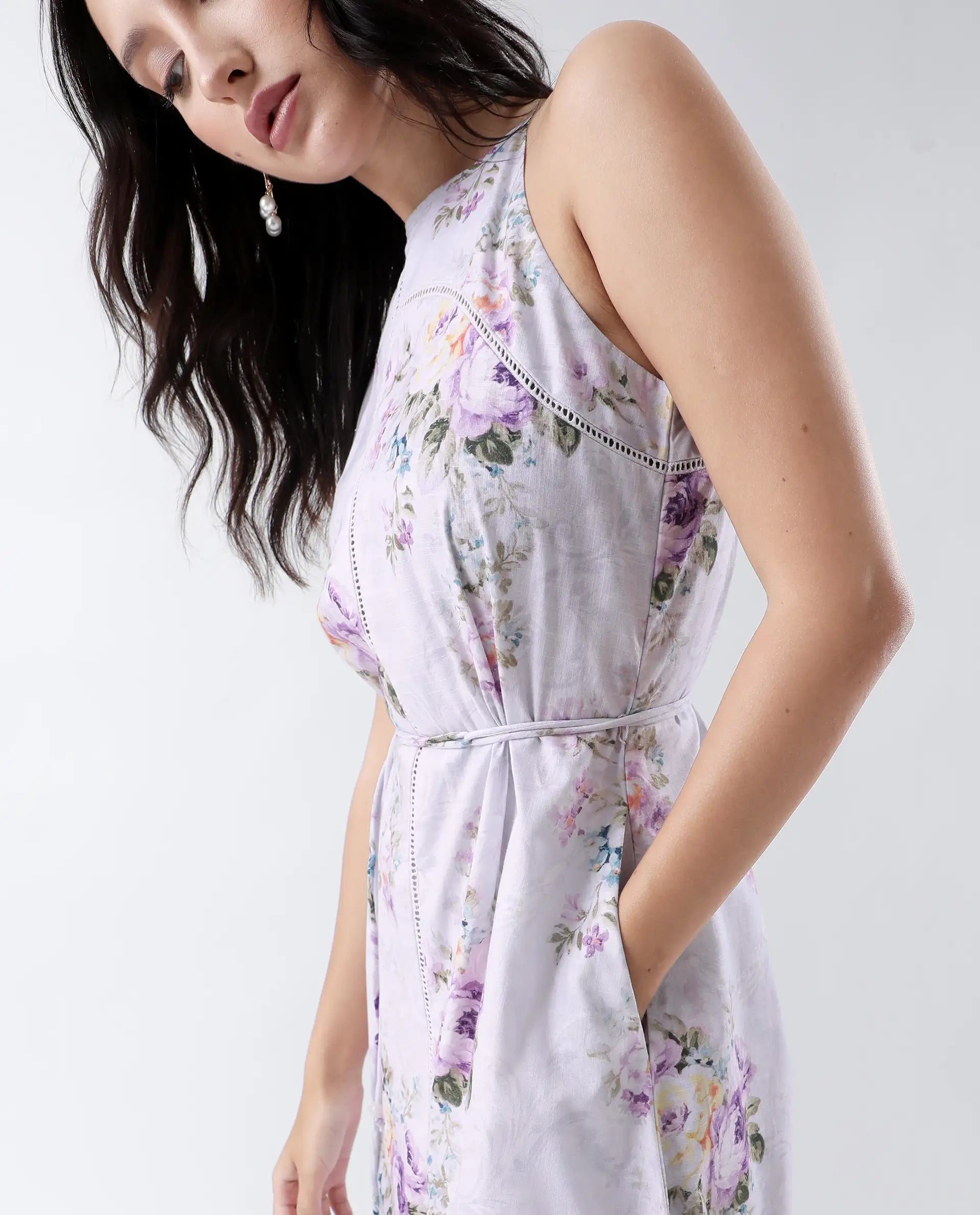 Rareism Women's Preru Purple Cotton Halter Neck Floral Print Sleeveless Maxi Flared Dress