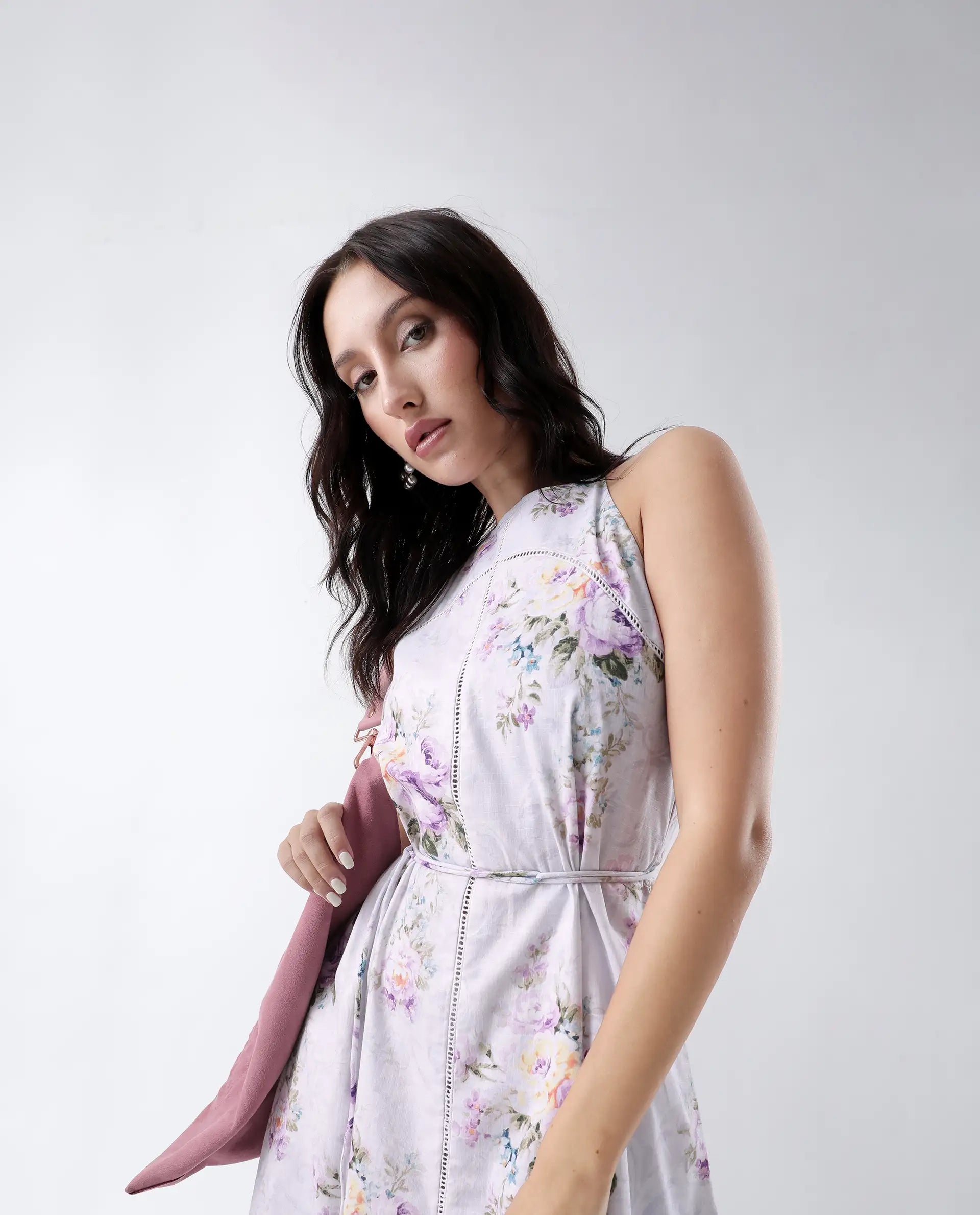 Rareism Women's Preru Purple Cotton Halter Neck Floral Print Sleeveless Maxi Flared Dress