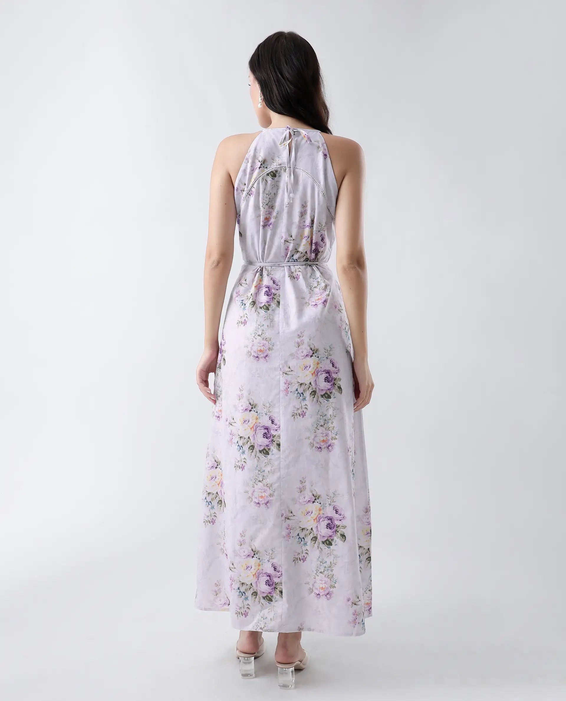 Rareism Women's Preru Purple Cotton Halter Neck Floral Print Sleeveless Maxi Flared Dress