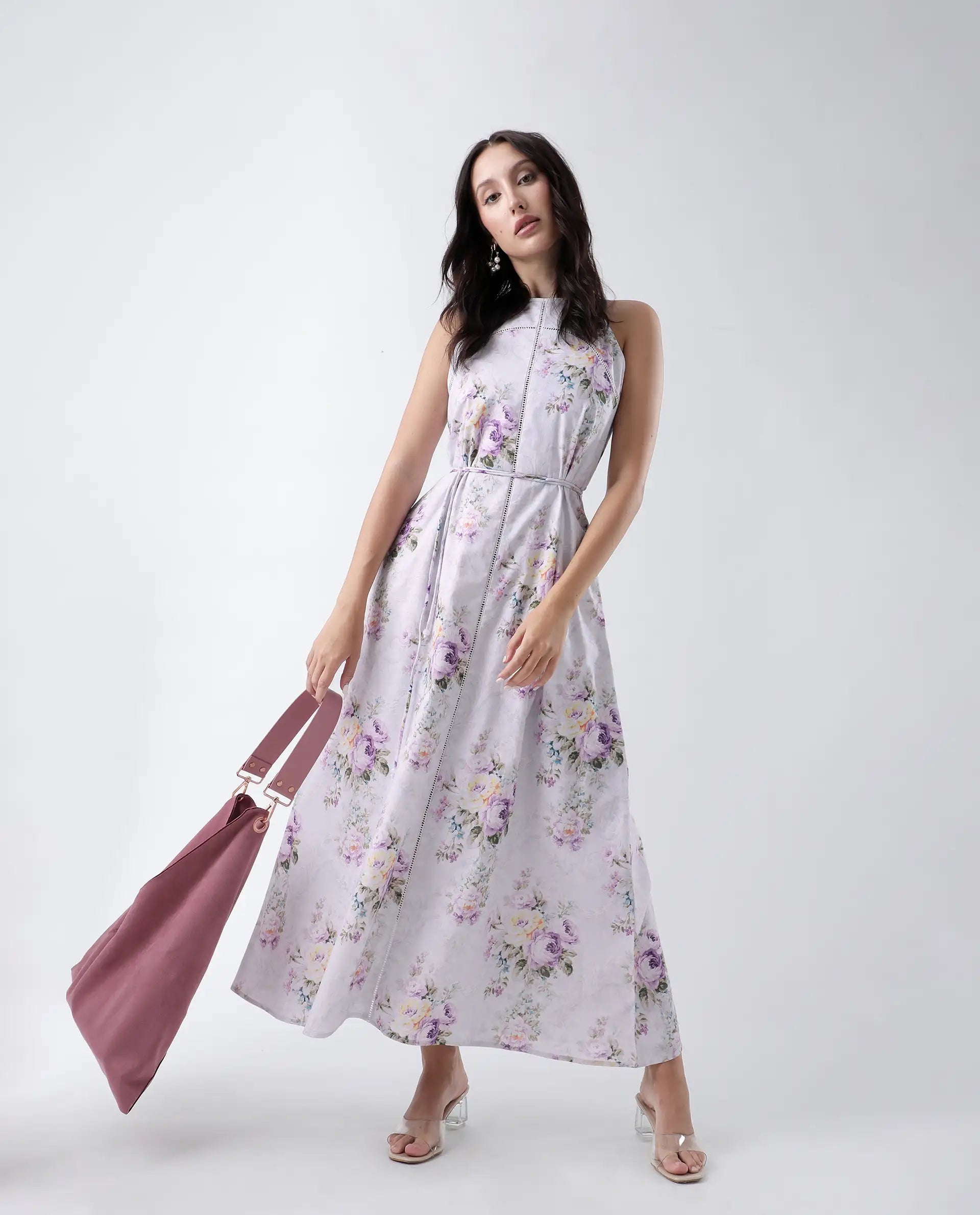 Rareism Women's Preru Purple Cotton Halter Neck Floral Print Sleeveless Maxi Flared Dress