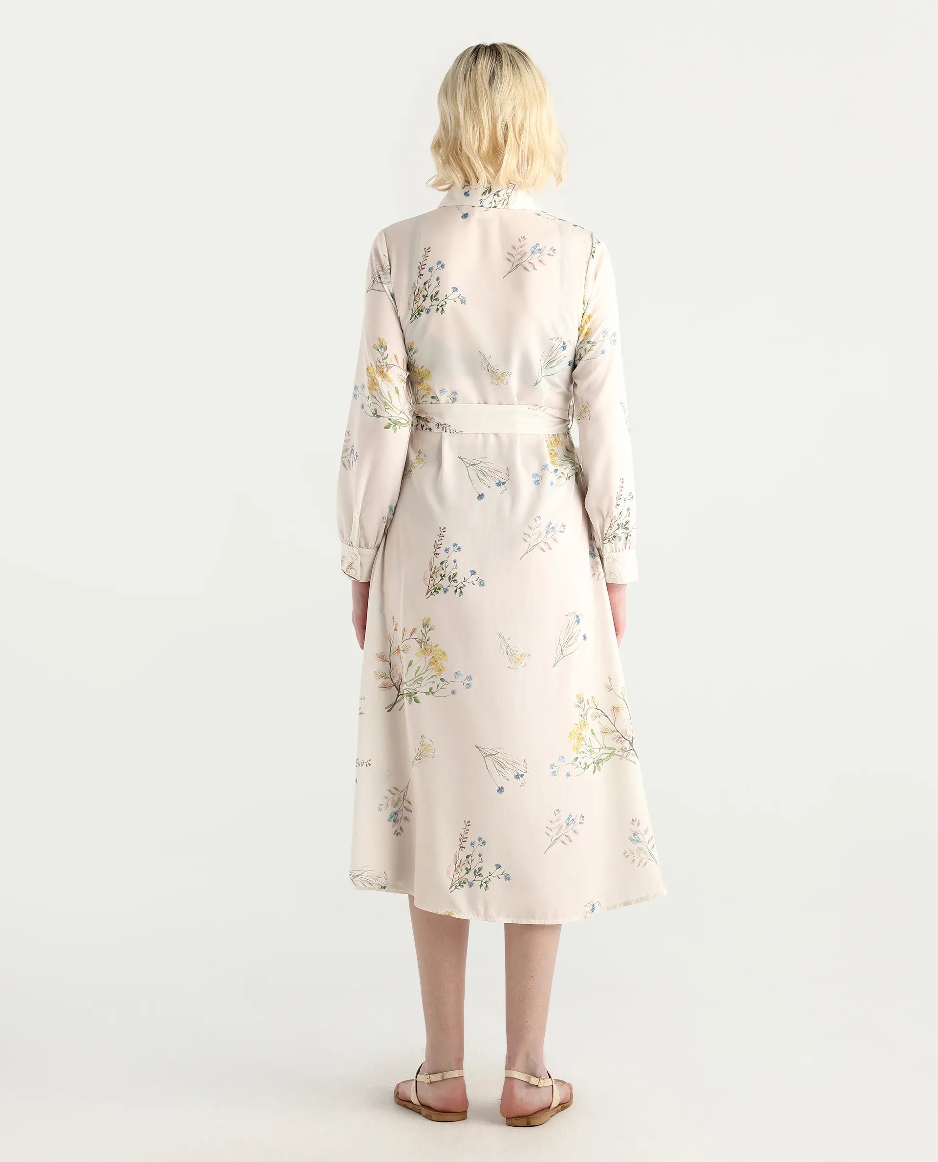 Rareism Women's Presho Multi Polyester Overlap Neck Floral Print Bishop Sleeve Maxi Fit And Flare Dress