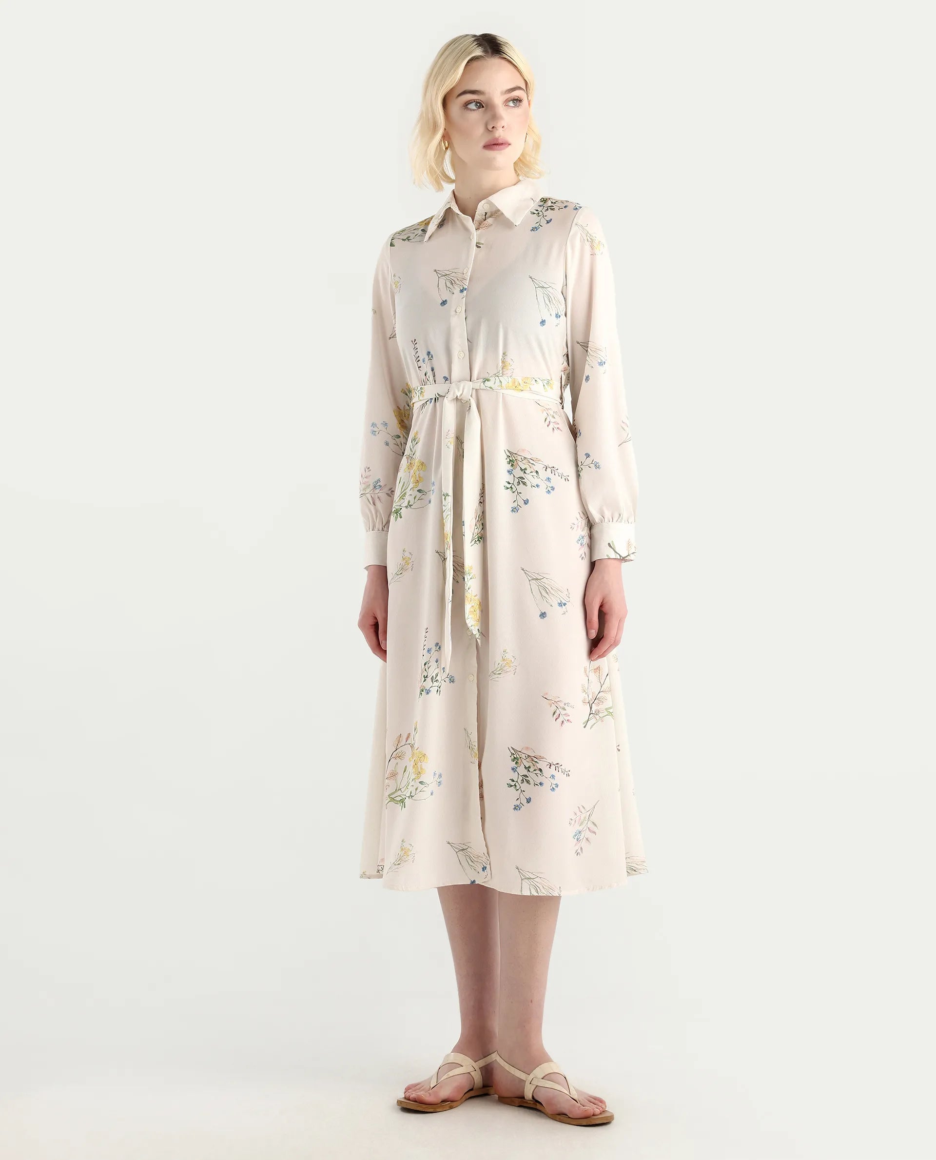 Rareism Women's Presho Multi Polyester Overlap Neck Floral Print Bishop Sleeve Maxi Fit And Flare Dress