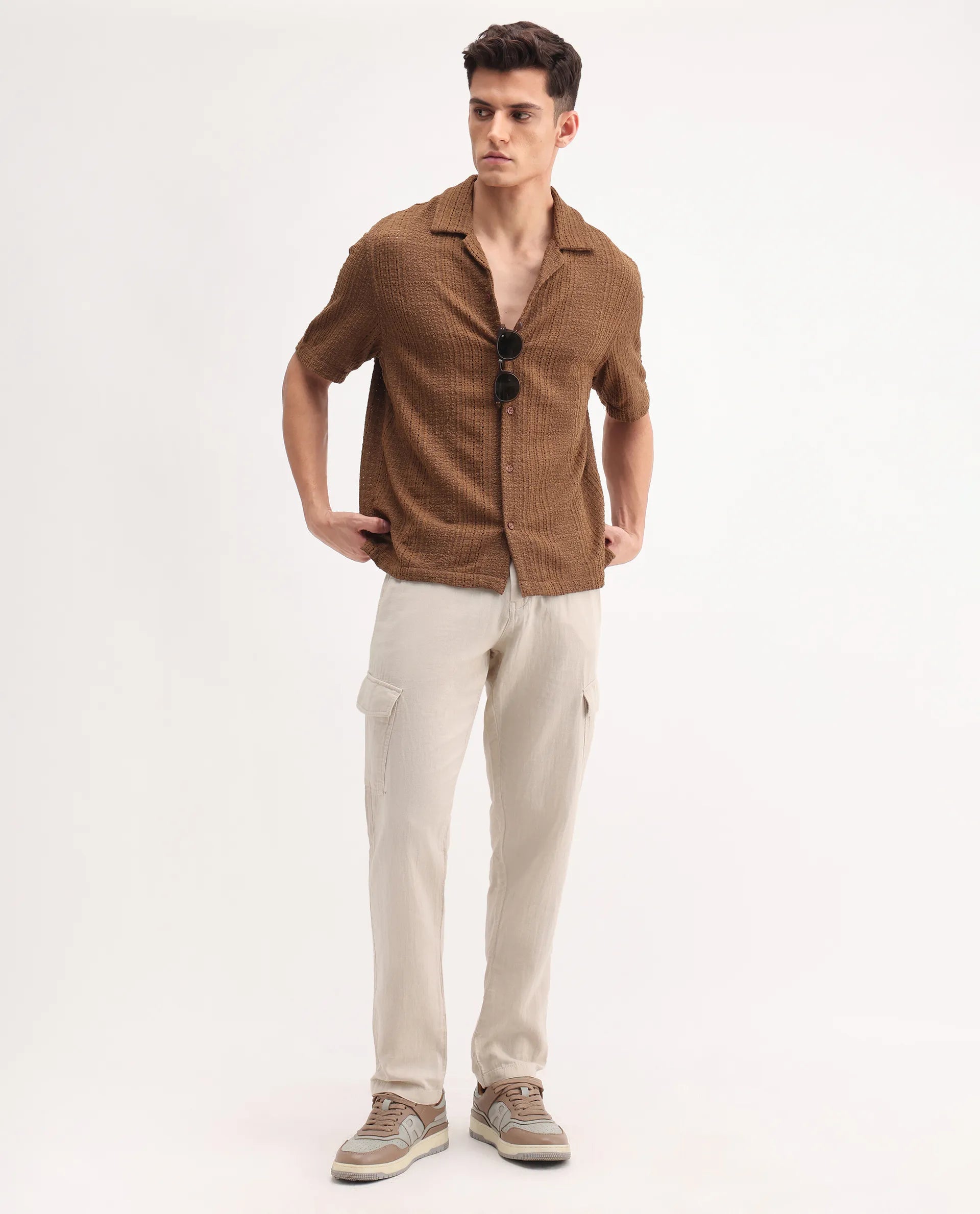 Rare Rabbit Men's Presso-25 Beige Cotton Blend Plain Relaxed Fit Trouser