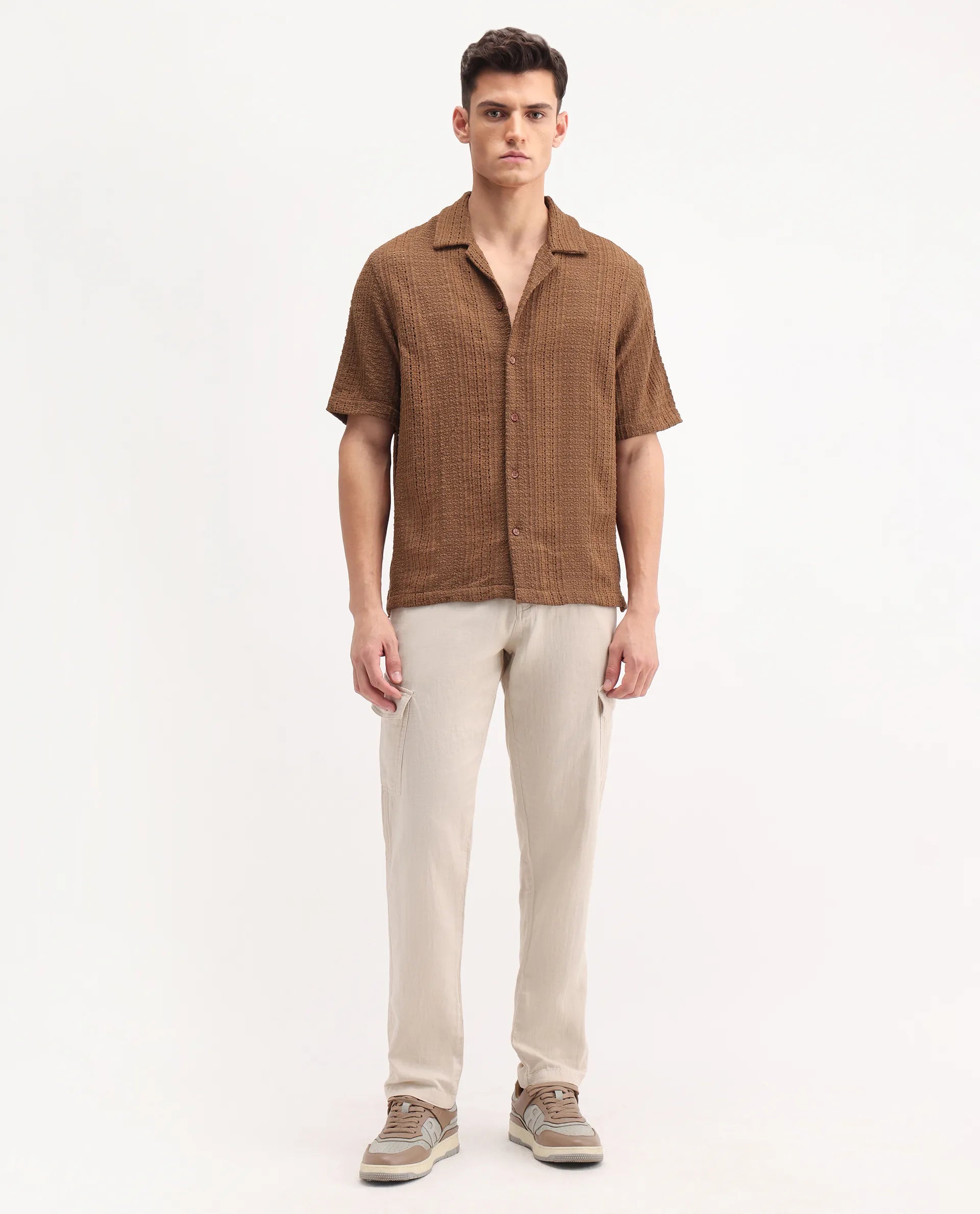 Rare Rabbit Men's Presso-25 Beige Cotton Blend Plain Relaxed Fit Trouser