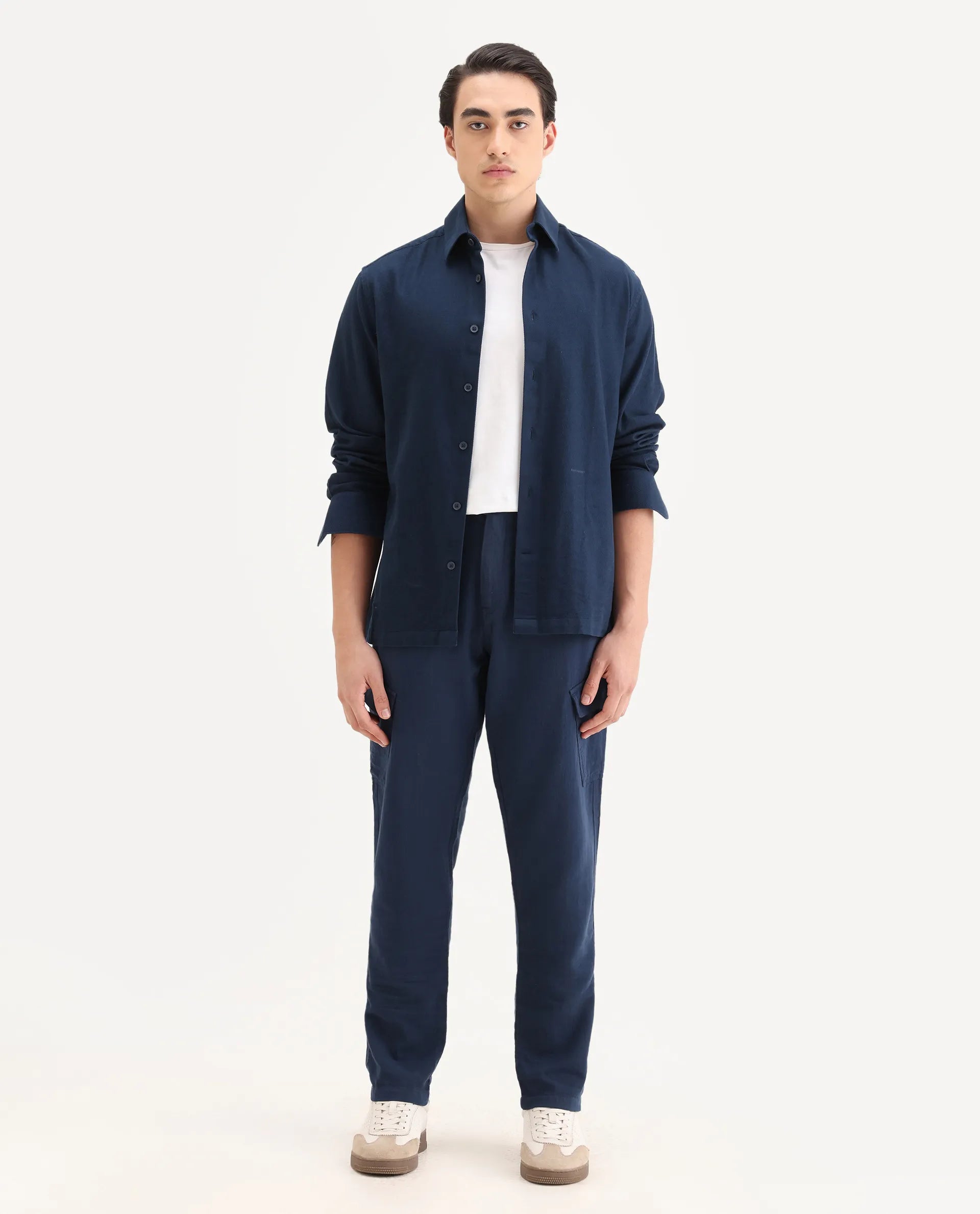 Rare Rabbit Men's Presso-25 Dusky Blue Cotton Blend Plain Relaxed Fit Trouser